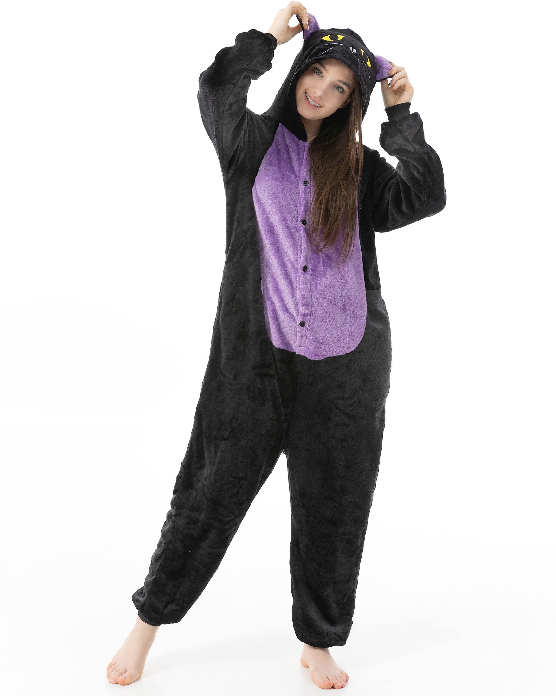 Katara Partyanzug Bauernhoftiere Jumpsuit Kostüm für Erwachsene S-XL, Karneval - Kostüm, Kigurumi - Katze schwarz-lila M (155-165cm)