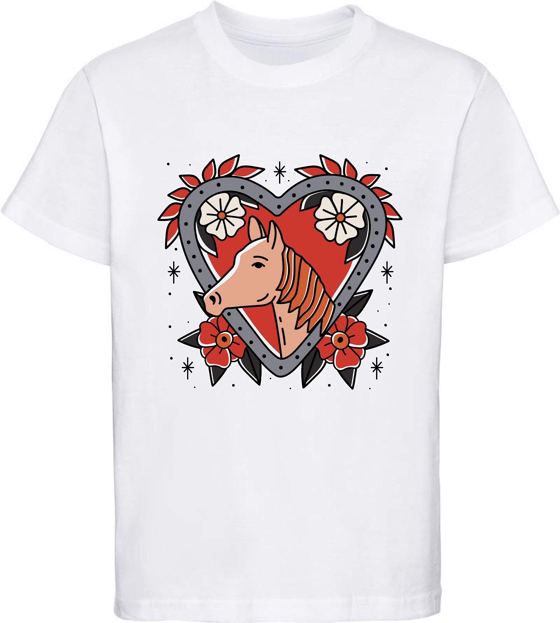 MyDesign24 Print-Shirt bedrucktes Mädchen T-Shirt mit Pferd im Blumenherz Baumwollshirt mit Aufdruck, weiß, schwarz, rot, rosa, i137 weiss