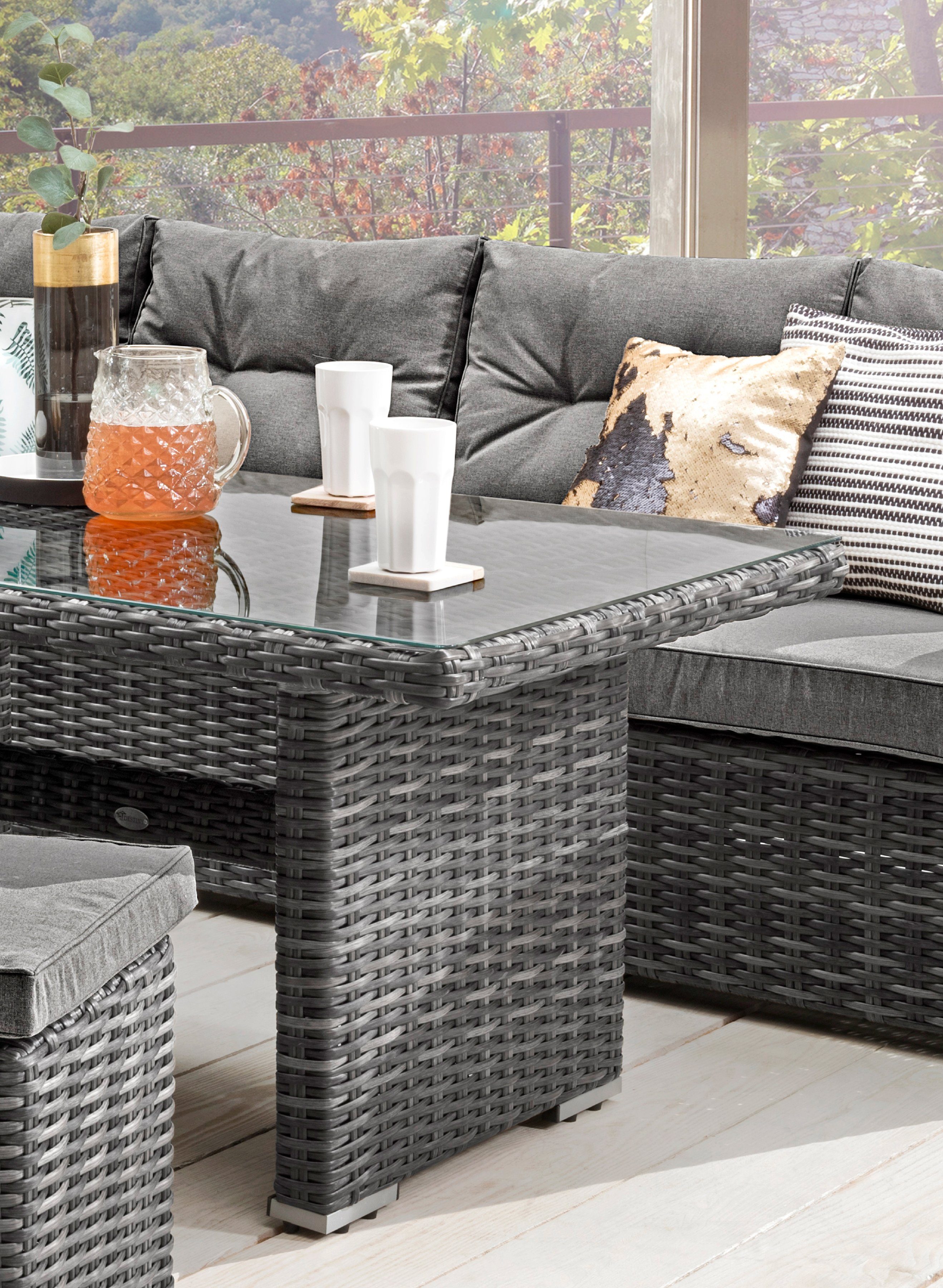 Destiny Gartenlounge-Set SANTA PONSA II Eckgruppe grau meliert, Tisch 140x80cm, Polster grau, (Set, 20-tlg., 2 Schenkel, 2 Hocker, inkl. Polster, 1 Tisch), Alum – Bild 3 von 5