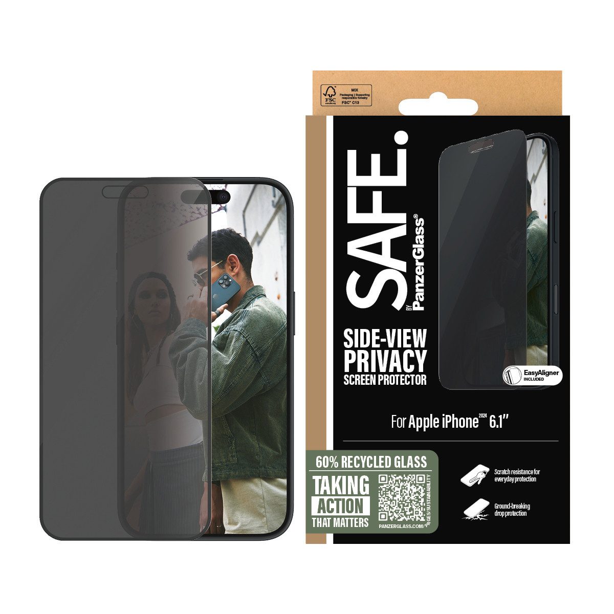 SAFE by PanzerGlass Displayschutzglas Side-View Privacy Screen Protection für Apple iPhone 15, Apple iPhone 16, 1 Stück, Displayschutzfolie, Schutzfolie, Bildschirmschutz, kratz- & stoßfest