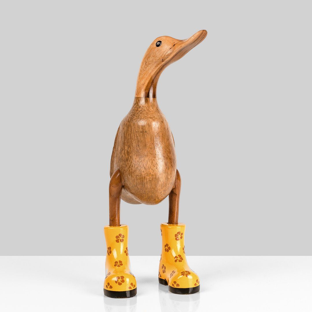 Rikmani Dekofigur Holzfigur Ente Stiefel - Handgefertigte Dekoration aus Holz Geschenk (3-er Set), 3 Holzarten gelb_geblümt
