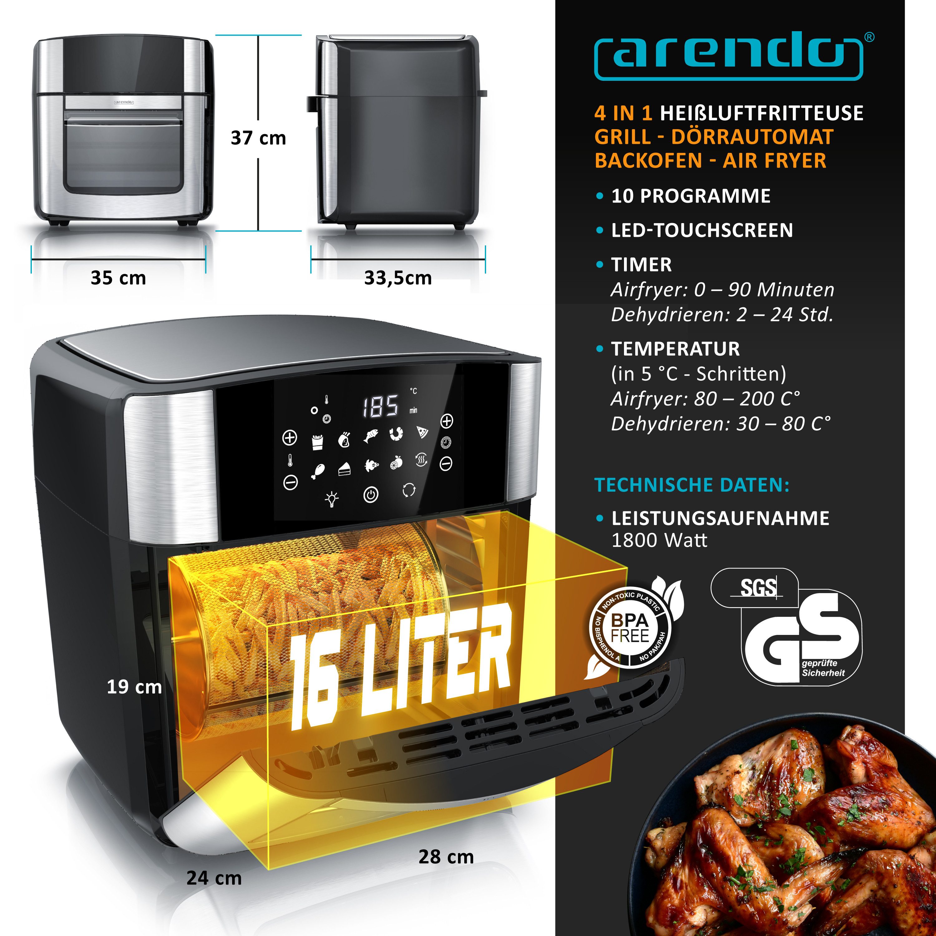 Arendo Heißluftfritteuse Multifunktionsofen 16L, Backofen Umluft, Grill, Dörrautomat, Air Fryer, 1800 W, XXL Fritteuse ohne Öl mit Zubehör für Pizza, Hähnchen, Pommes uvm.