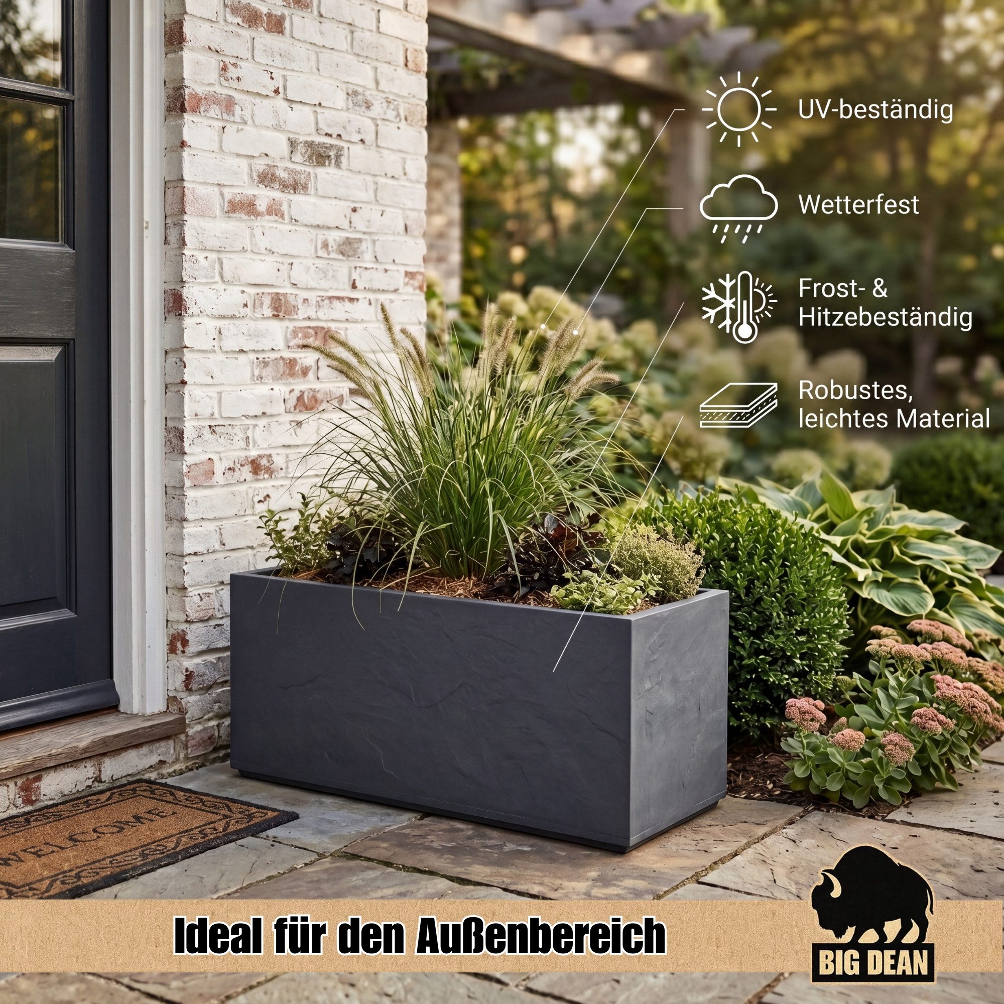 BigDean Pflanzkübel Groß Außen ca. 100cm Schiefer Optik Blumenkübel mit Wasserspeicher (Packung, 1 St., Pflanzkübel), Großzügiges Pflanzvolumen, Doppelwandig, Wassermanagement