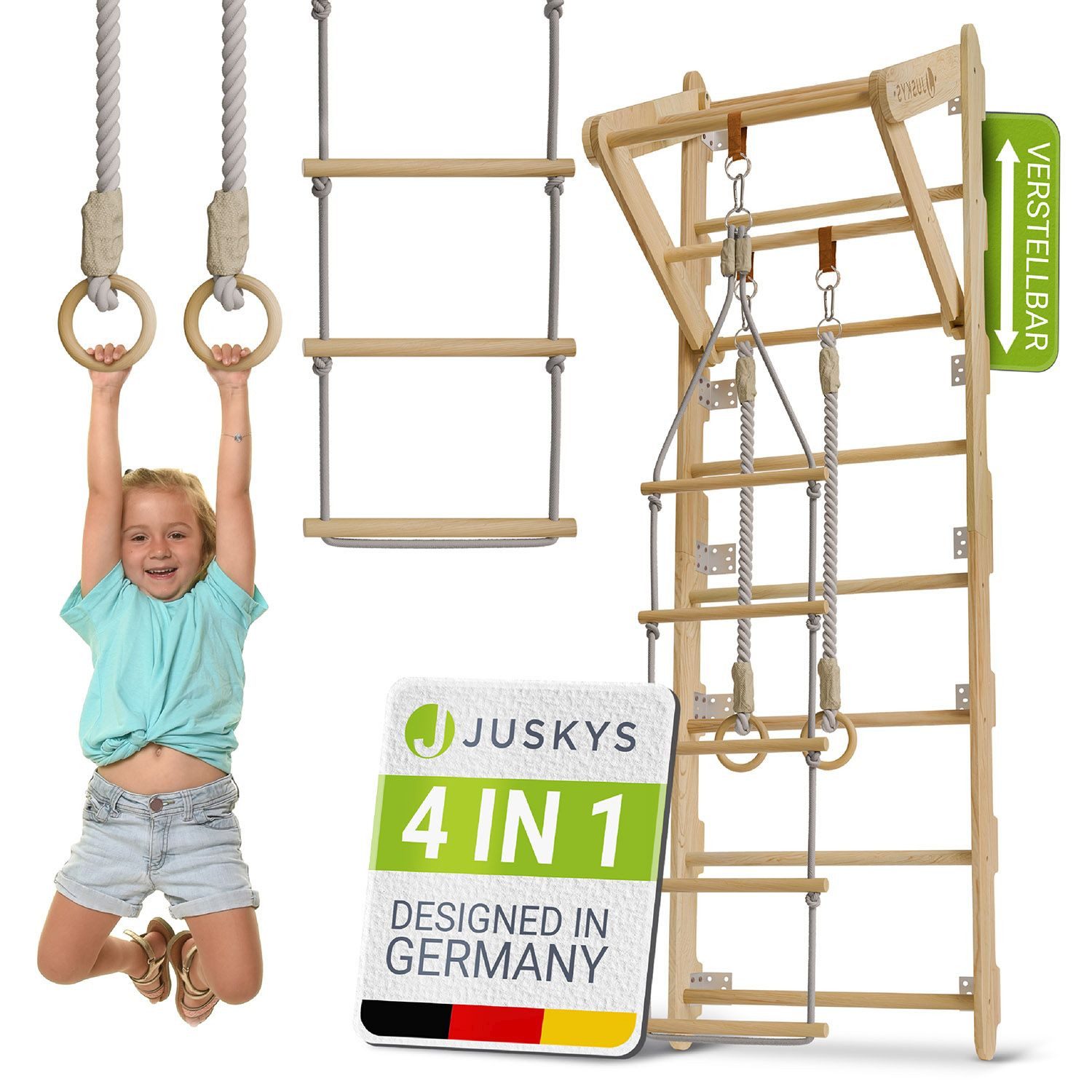Juskys Sprossenwand, für Kinder, Kletterwand mit Strickseil, Turnringen und Klimmzugstange