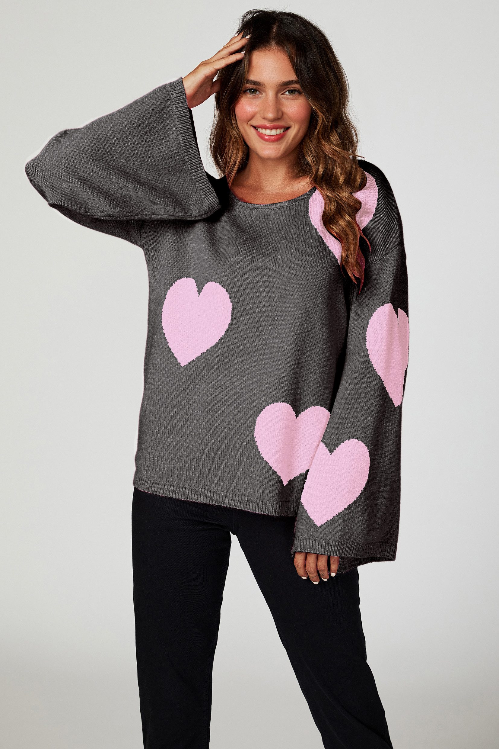FS Collection Strickpullover Oversize Pullover mit weiten Ärmeln und Herzmuster – Strickwaren (Einheitsgröße: UK 8–12 / EU 36–40, 3 Farben : Rosa - Hellgrau - Dunkelgrau) 100 % Acryl