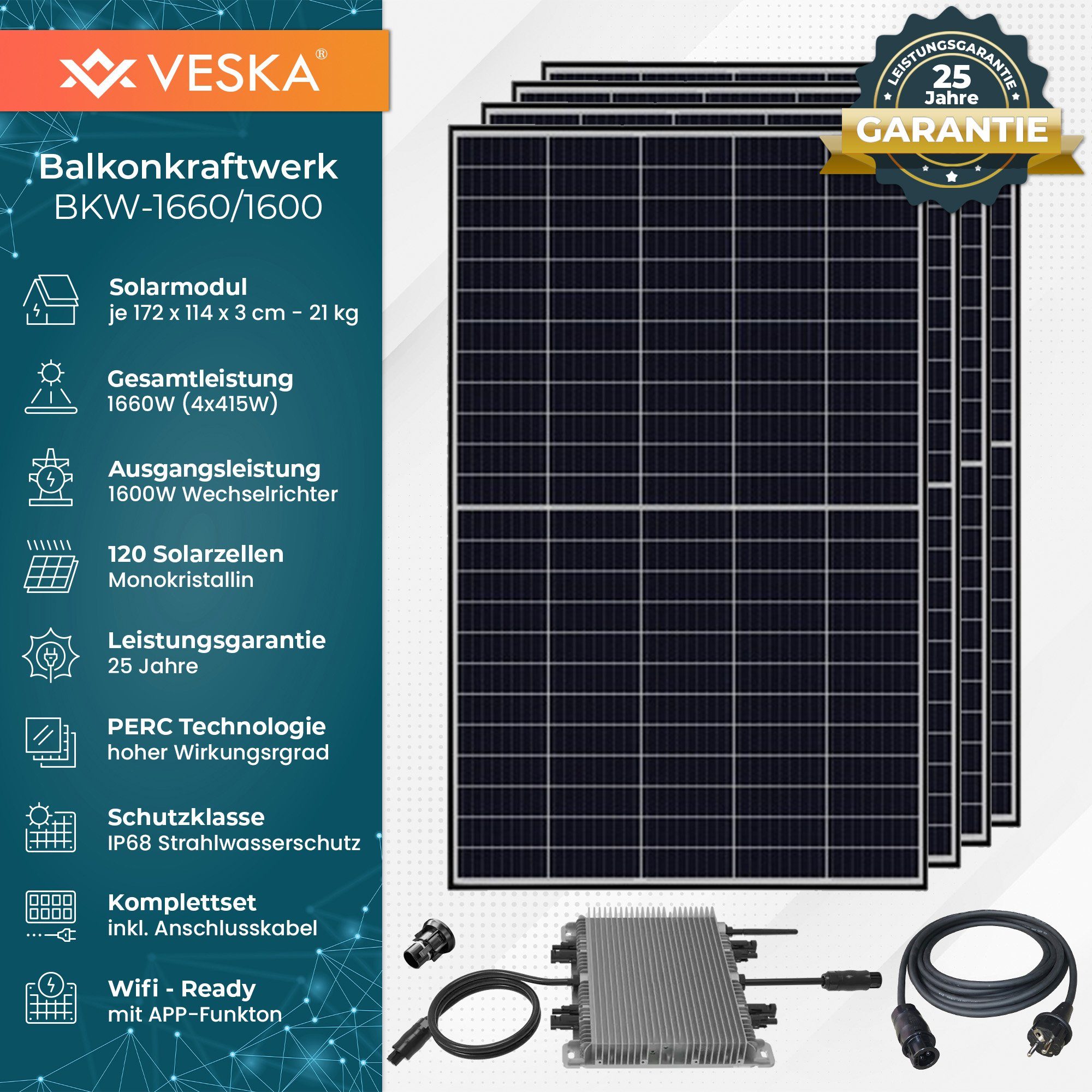 Mini-PV PERC Watt Technologie, WIFI), / Anlage, VESKA 1660 1600,00 1600 Balkonkraftwerk Schwarz Photovoltaik (Komplettset, W, Antireflexbeschichtung Solaranlage