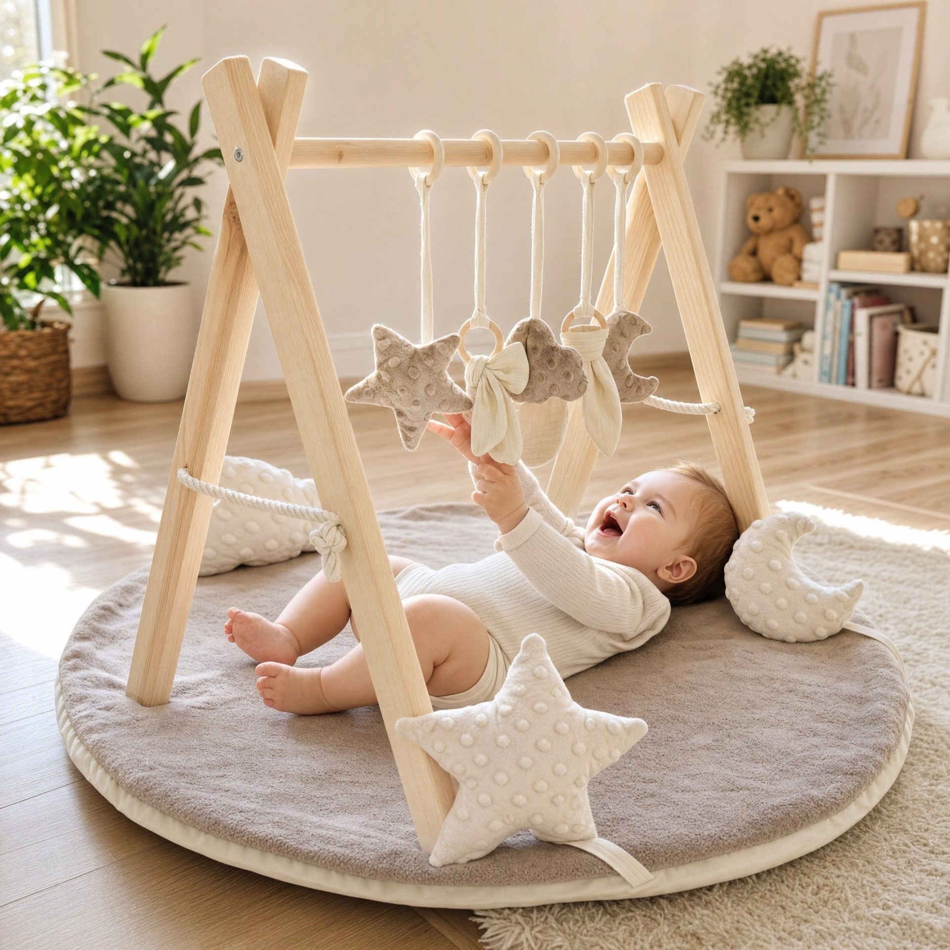 LuMali Baby Gym Holz Spielbogen klappbar 5 Spielzeuge Matte 41x58x49cm Naturholz, (5 sensorische Anhänger 2 Baumwollschnüre Montageset), Spieltrapez Neugeborene sensorisch Spielmatte 78cm wendbar ab Geburt