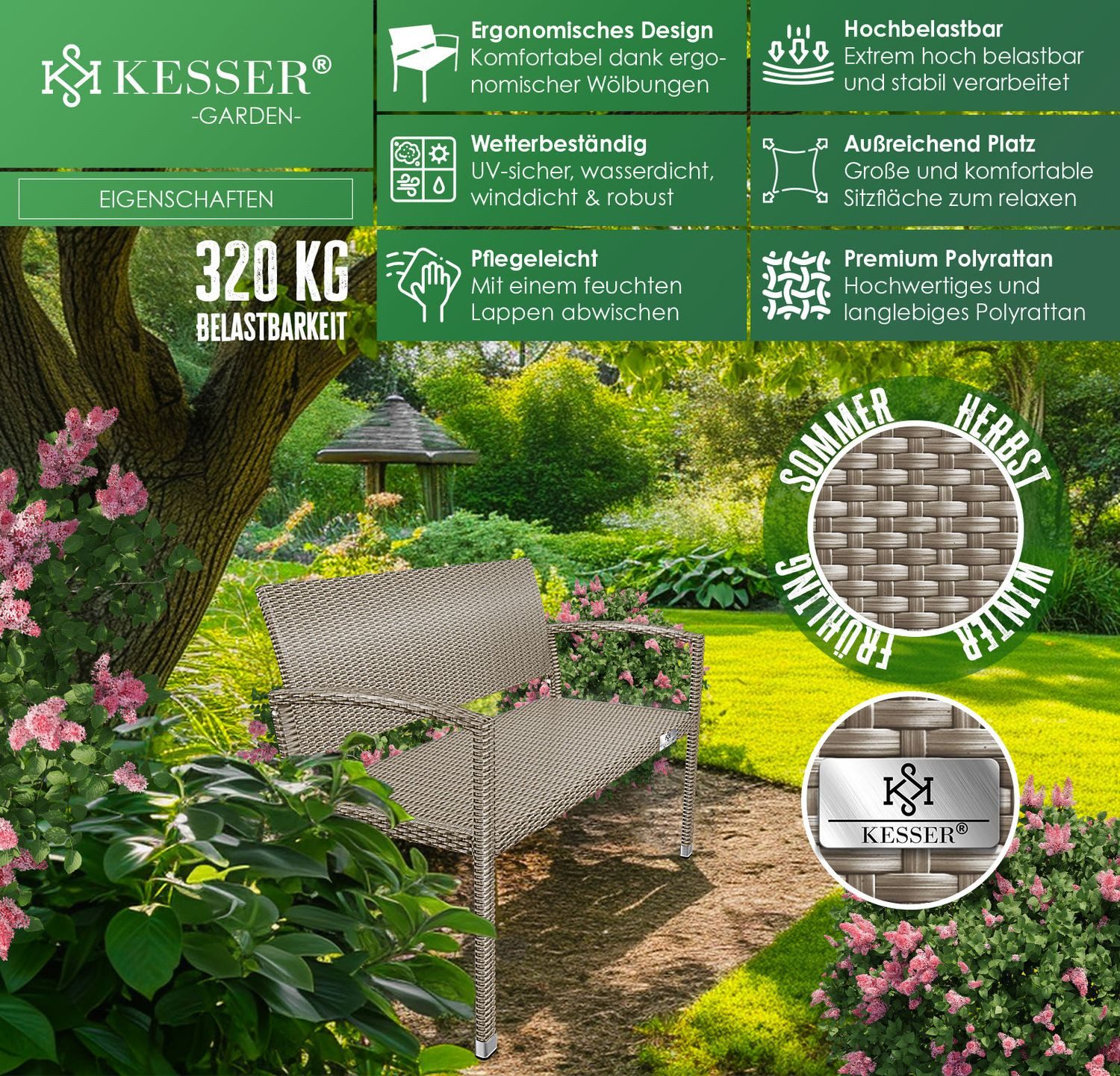 KESSER Gartenbank, Polyrattan 2-Sitzer Wetterfest, Rattan-Sitzbank günstig online kaufen