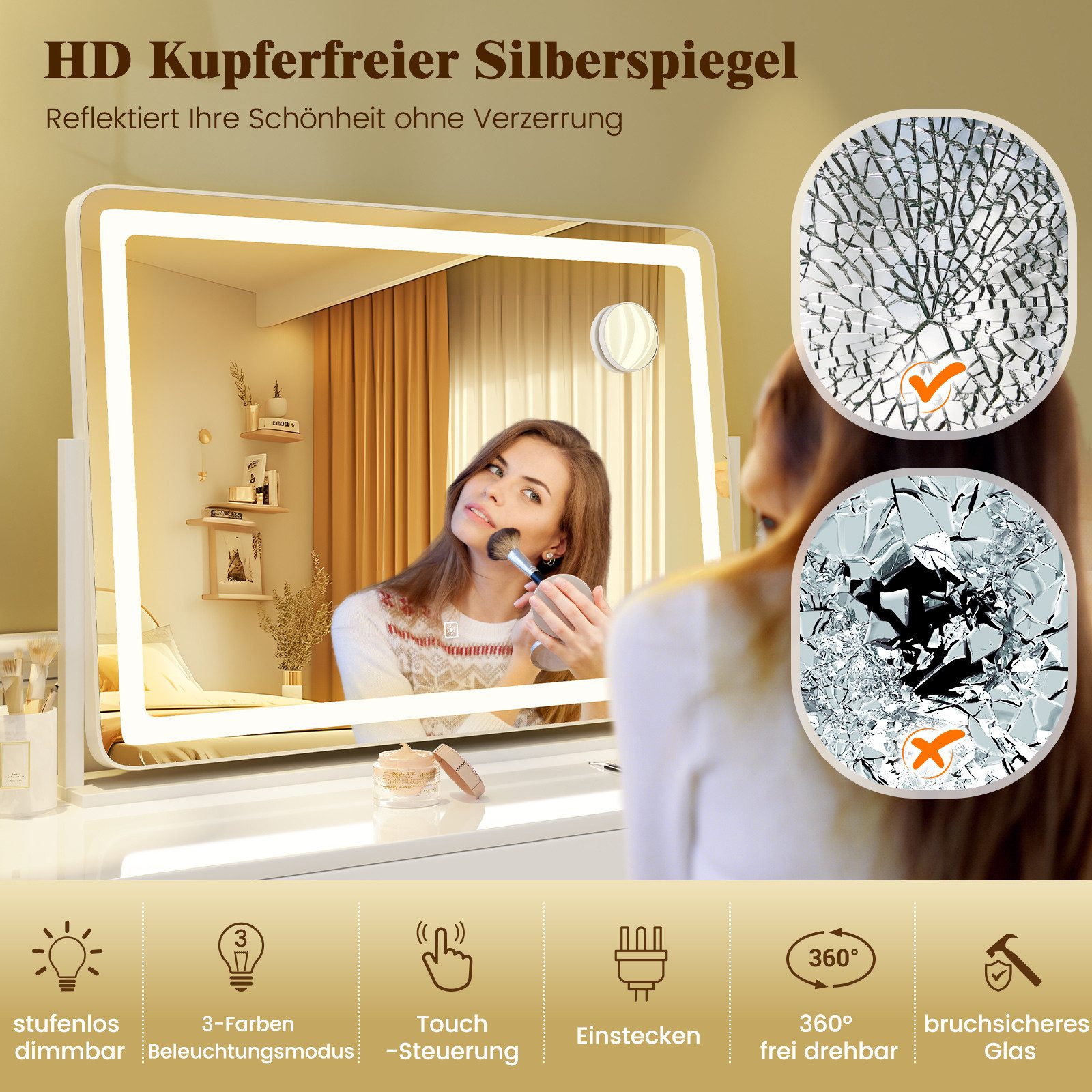 COSTWAY Schminkspiegel (1-St), mit 10X Vergrößerung, 3 Lichtfarben & Touch-Steuerung, 360° drehbar