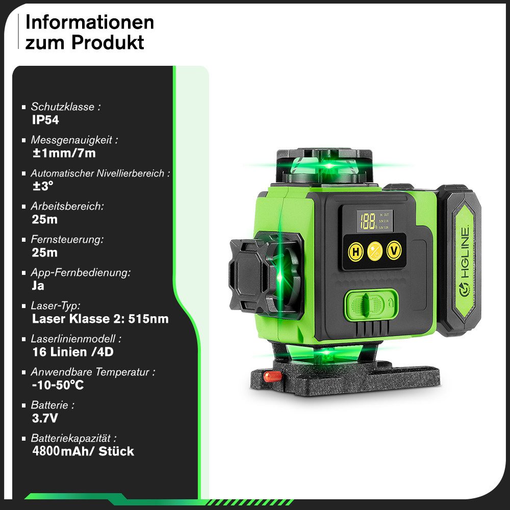 HGLINE Kreuzlinienlaser 16 Linien Nivellierlaser mit stativ 4 x 360 ° Laser wasserwaage, linienlaser kreuzlaser selbstnivellierend Für Inneneinrichtung/DIY – Bild 5 von 5