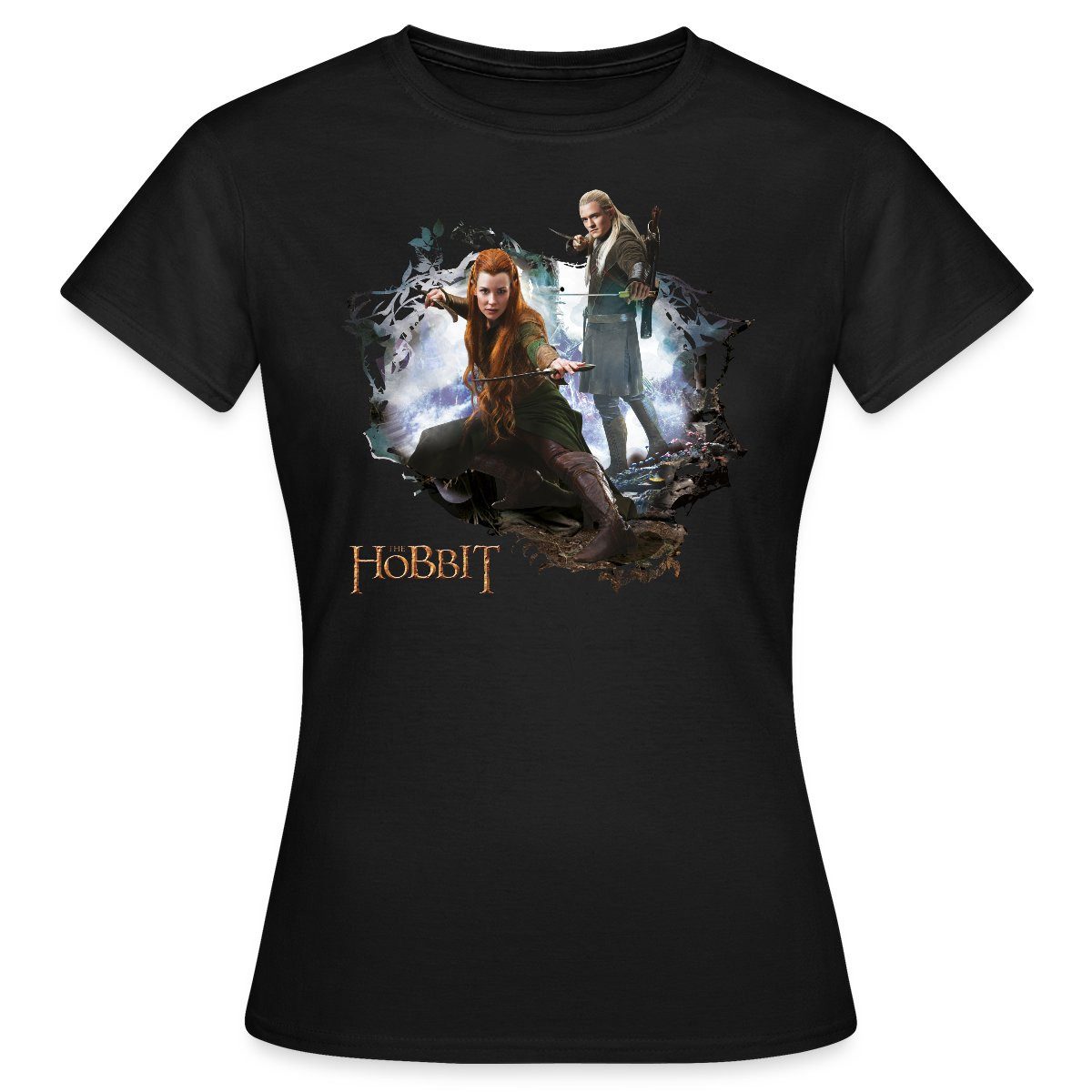 Spreadshirt T-Shirt Der Hobbit Logo Mit Elben Tauriel Und Legolas Frauen T-Shirt (1-tlg)