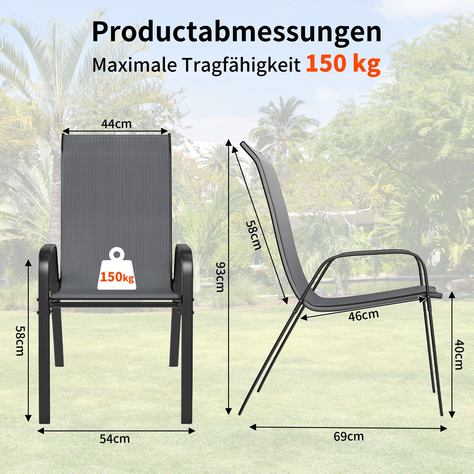 TLGREEN Stapelstuhl Gartenstühle Stapelstuhl,Camping Stapelbar Hochlehner, (Terrassenstuhl Textilene Stahlgestell für Gärten Innenhöfe Balkone Restaurants, 6 St – Bild 2 von 5