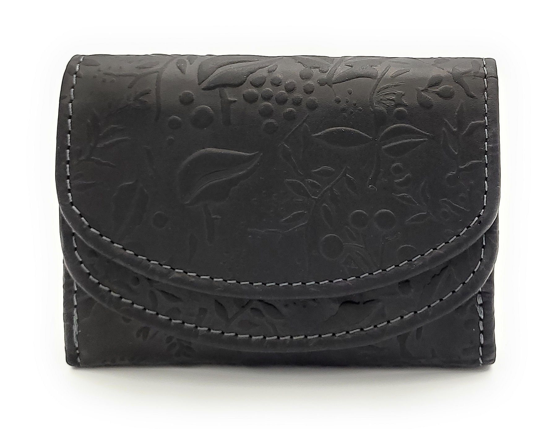 Hill Burry Mini Geldbörse echt Leder Damen Portemonnaie mit RFID Schutz, florale Prägung, kleiner Wickel-Geldbeutel, schwarz