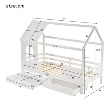 SIKAINI Holzbett L-DJ-28952526AAW, Hausbett Kinderbett Jugendbett 200x90cm mit Rausfallschutz