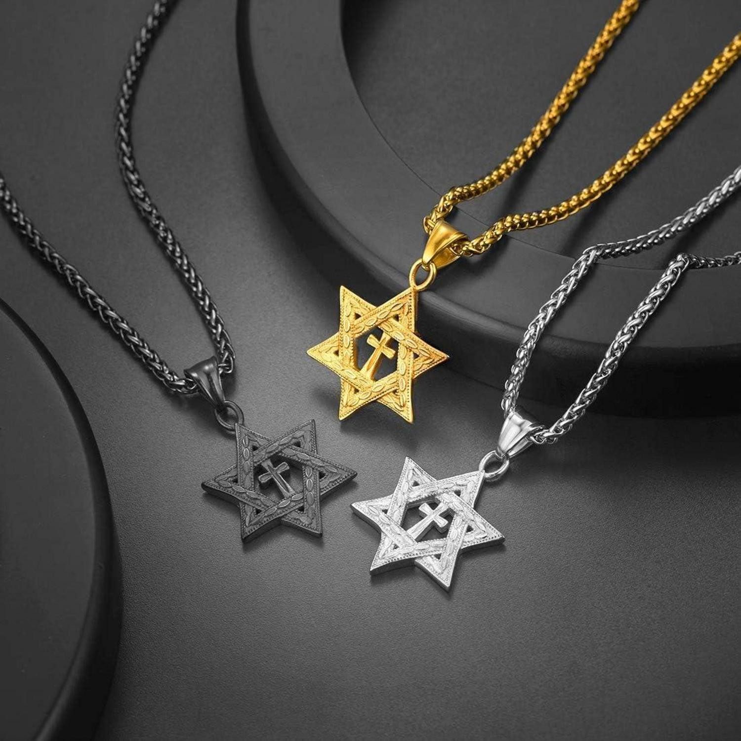 LuxusKollektion Sternanhänger Halskette Davidstern Edelstahl Herren Hexagramm Schwarz Personalisiert – Bild 5 von 5