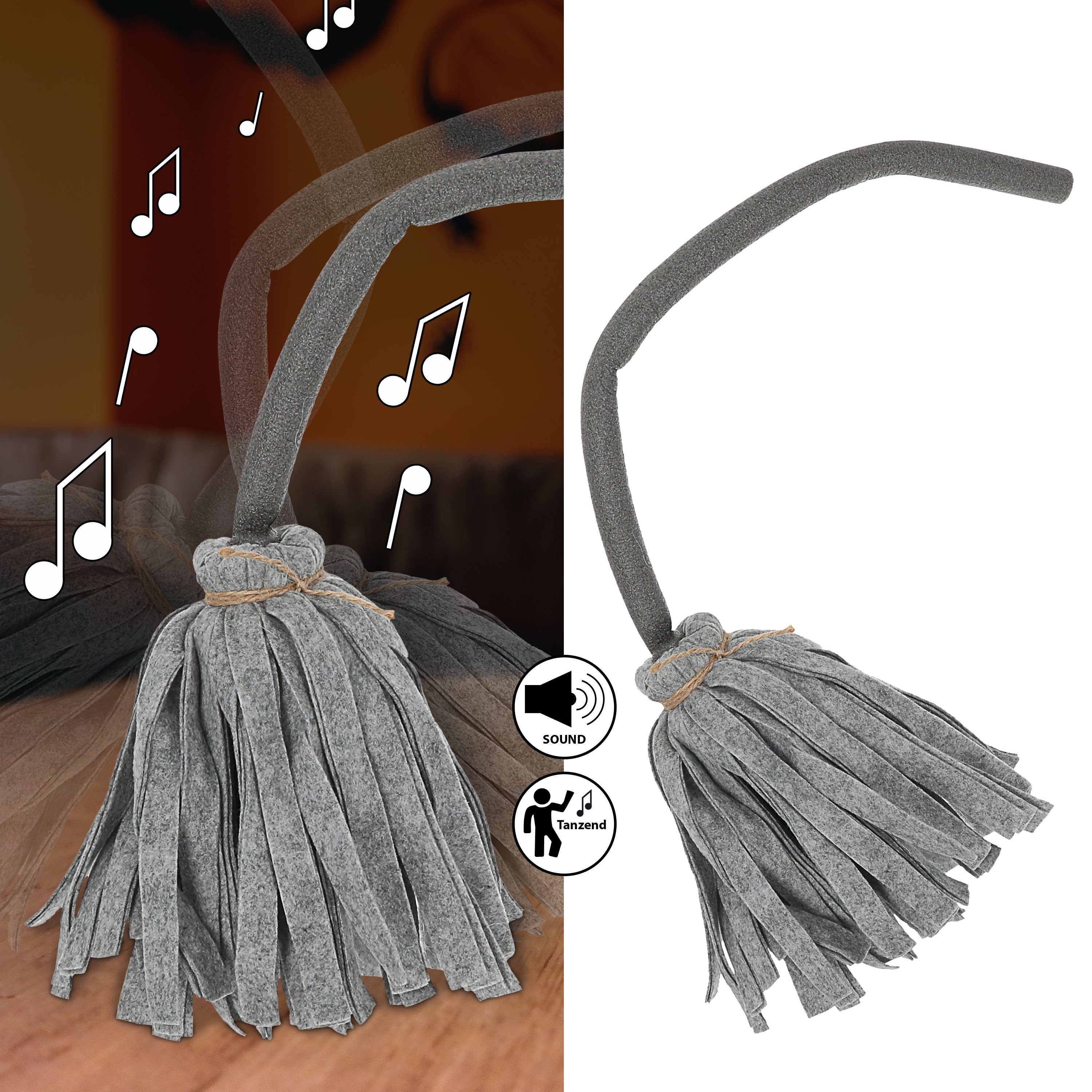 CEPEWA Dekofigur Hexenbesen Halloween singend tanzend 20x60cm ABS Bewegung Sound