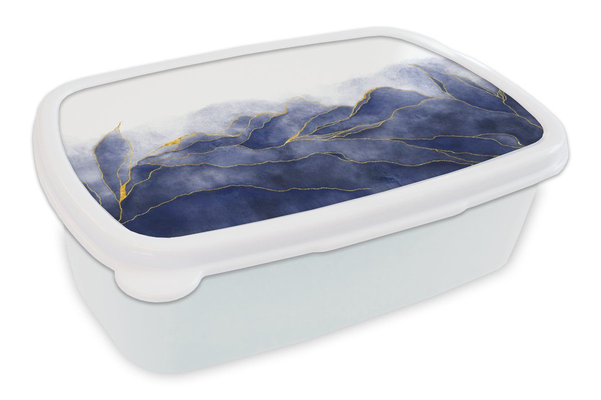 MuchoWow Lunchbox Marmor - Blau - Marmoroptik - Gold - Textur, Kunststoff, (2-tlg), Brotbox für Kinder und Erwachsene, Brotdose, für Jungs und Mädchen weiß