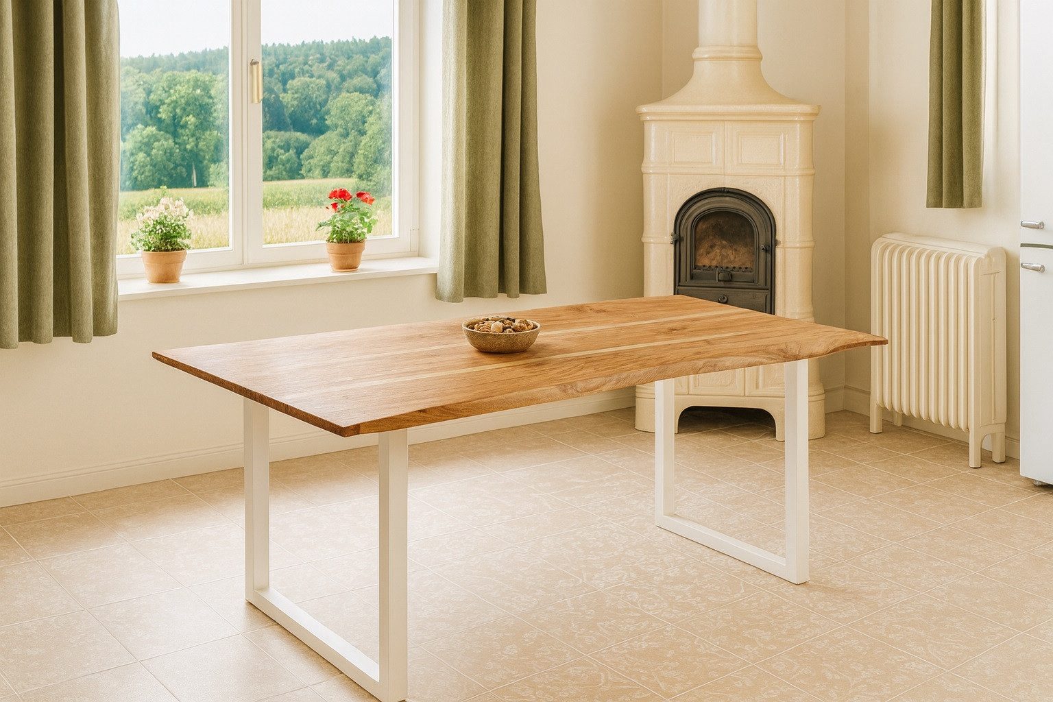 SAM® Baumkantentisch Memphis, massives Akazienholz, natürliche Baumkante, Metallgestell U-Form