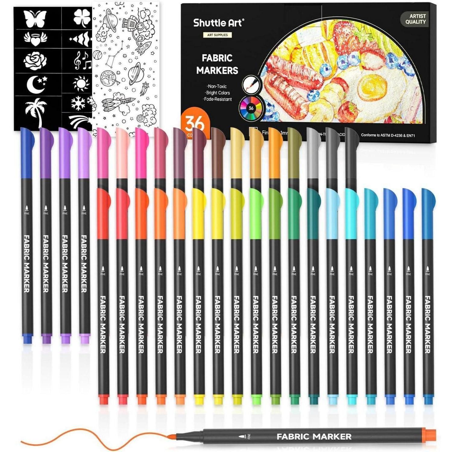 LuxusKollektion Textilmarker 36 Textilstifte Set, waschmaschinenfest, 11 Vorlagen, 1 Leinwand