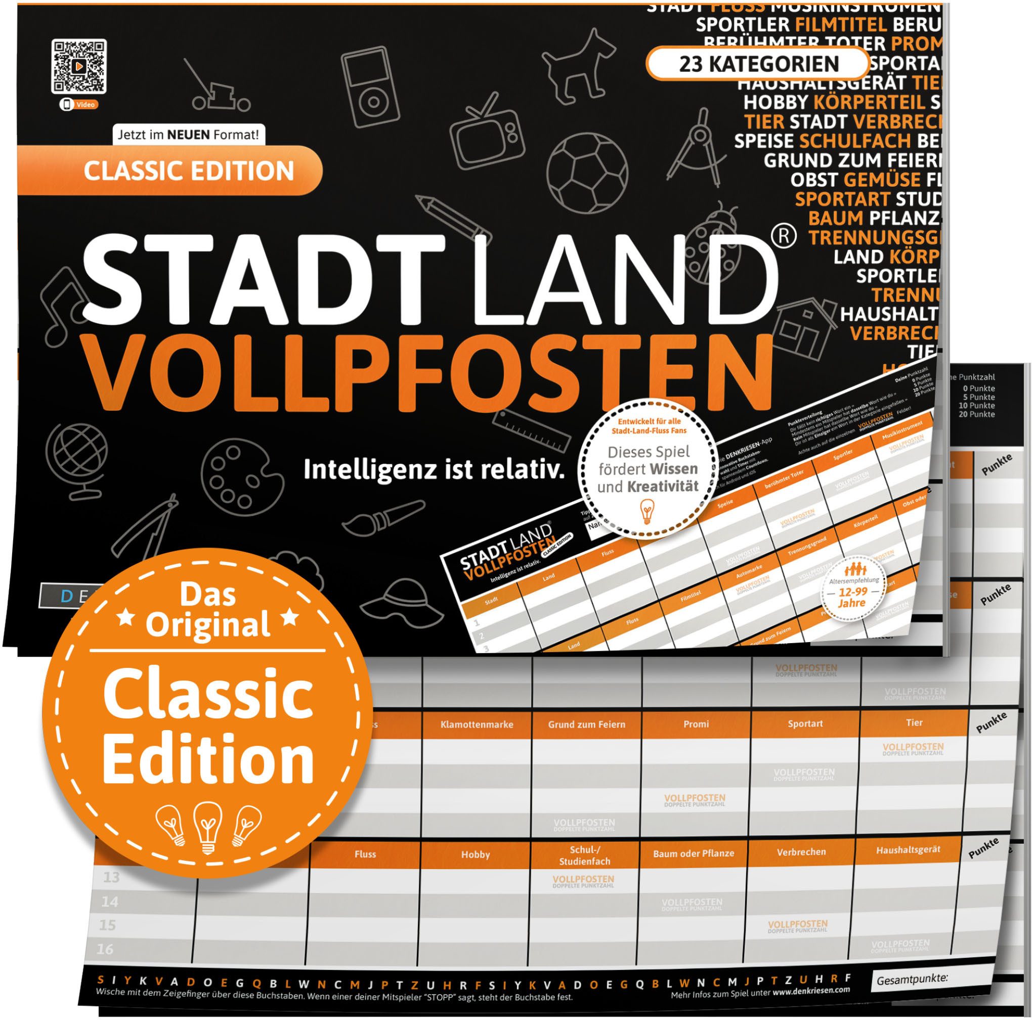 Denkriesen Spiel Stadt Land Vollpfosten, Classic Edition, A4 Block, Familienspiel, Made in Germany