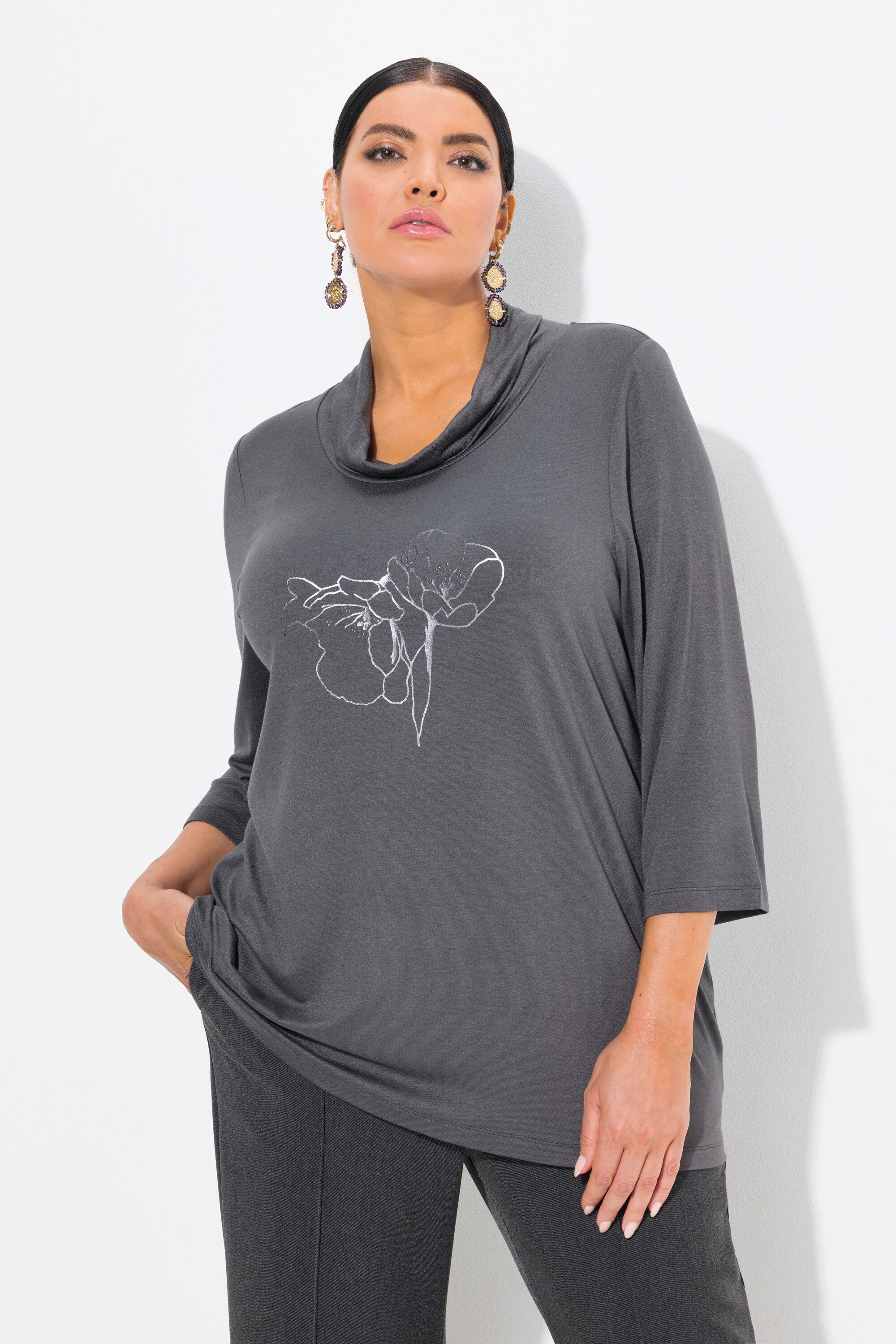 Ulla Popken T-Shirt Shirt Metallic-Druck Wasserfall-Ausschnitt günstig online kaufen