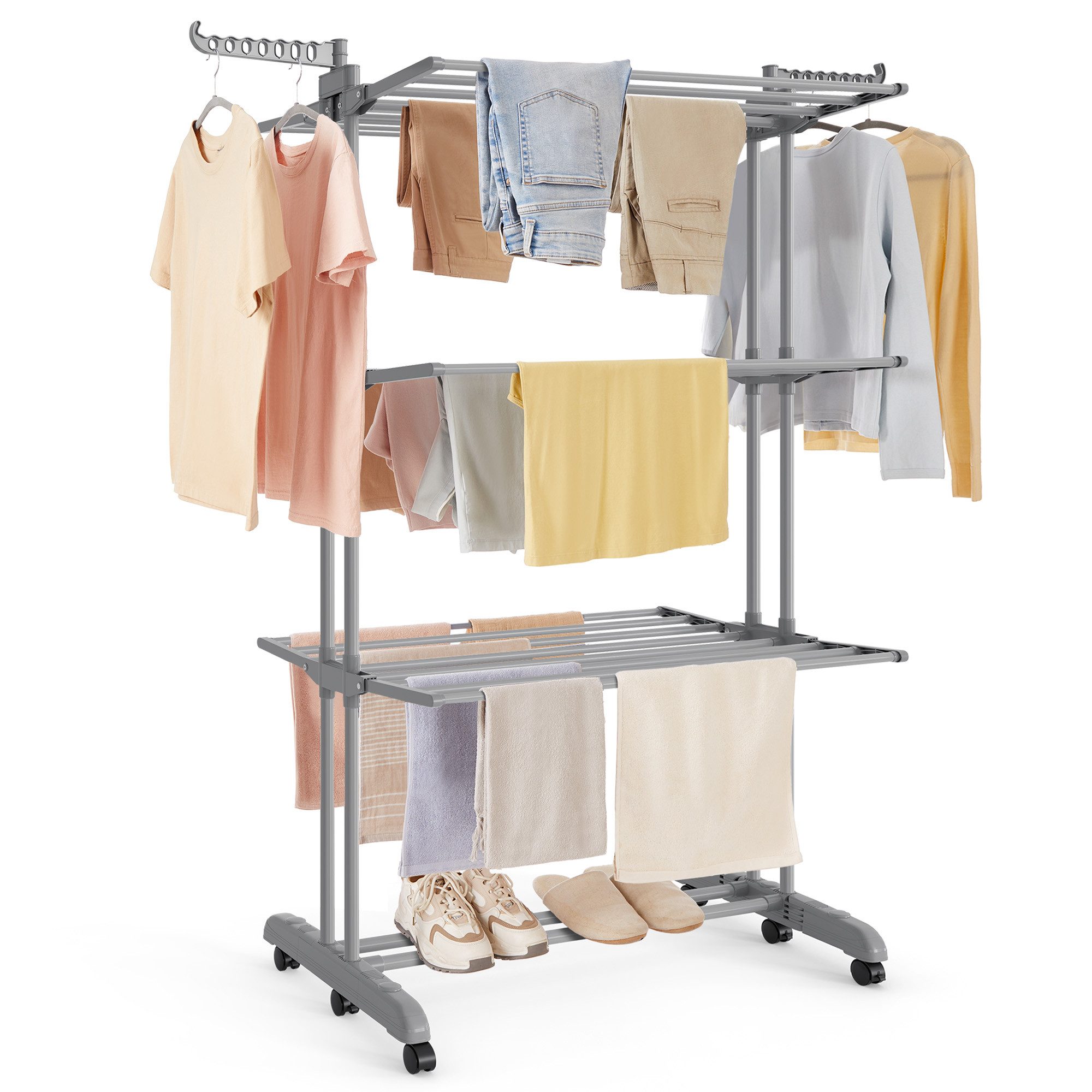 SONGMICS Wäscheständer Turm Standtrockner 4 Ebenen, Flügelwäscheständer, einfacher Aufbau, 125,5 x 63,5 x 172,5 cm, einfacher Aufbau, groß, Flügelwäscheständer