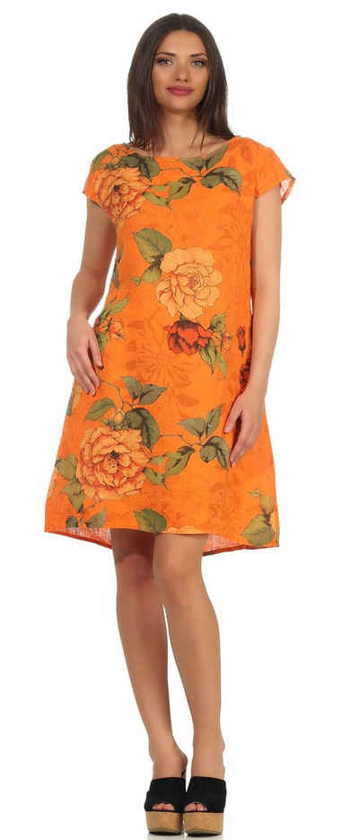 Mississhop Sommerkleid Damen Leinenkleid Kleid 100% Leinen Blumenprint M.327