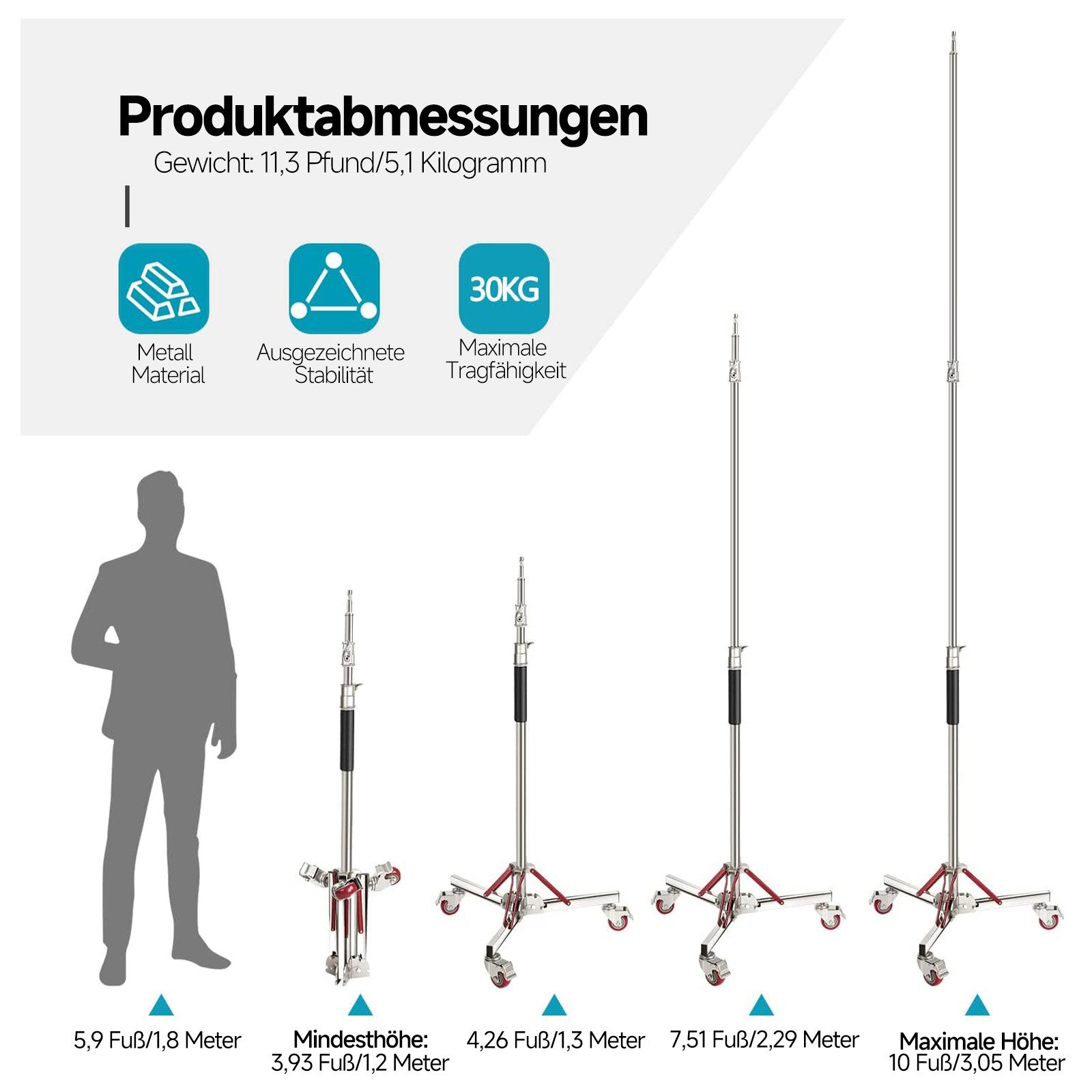 Neewer SC305W Edelstahl-Lichtstativ mit Rollen, Höhenverstellbar 130-305cm Lampenstativ (Schwerlast max. 30KG, für Reflektoren, Monolichter und andere Geräte)