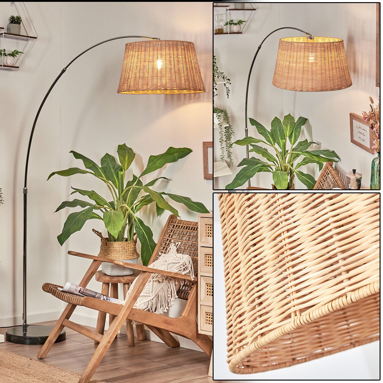 hofstein Bogenlampe Stehlampe aus Metall/Rattan in Schwarz/Chrom/Natur, Stehleuchte im Boho-Design mit Marmorfuß u. Fußschalter (45 cm), E27