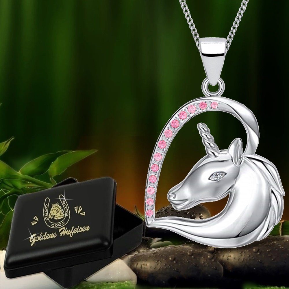 Pinkrosa Kinder (Set Kette Schmuckset, Kette mit Pferd Silber Anhänger Etui), Mädchen Hufeisen 925 aus Herz inkl. Einhorn Zirkonia Goldene Rhodiniert