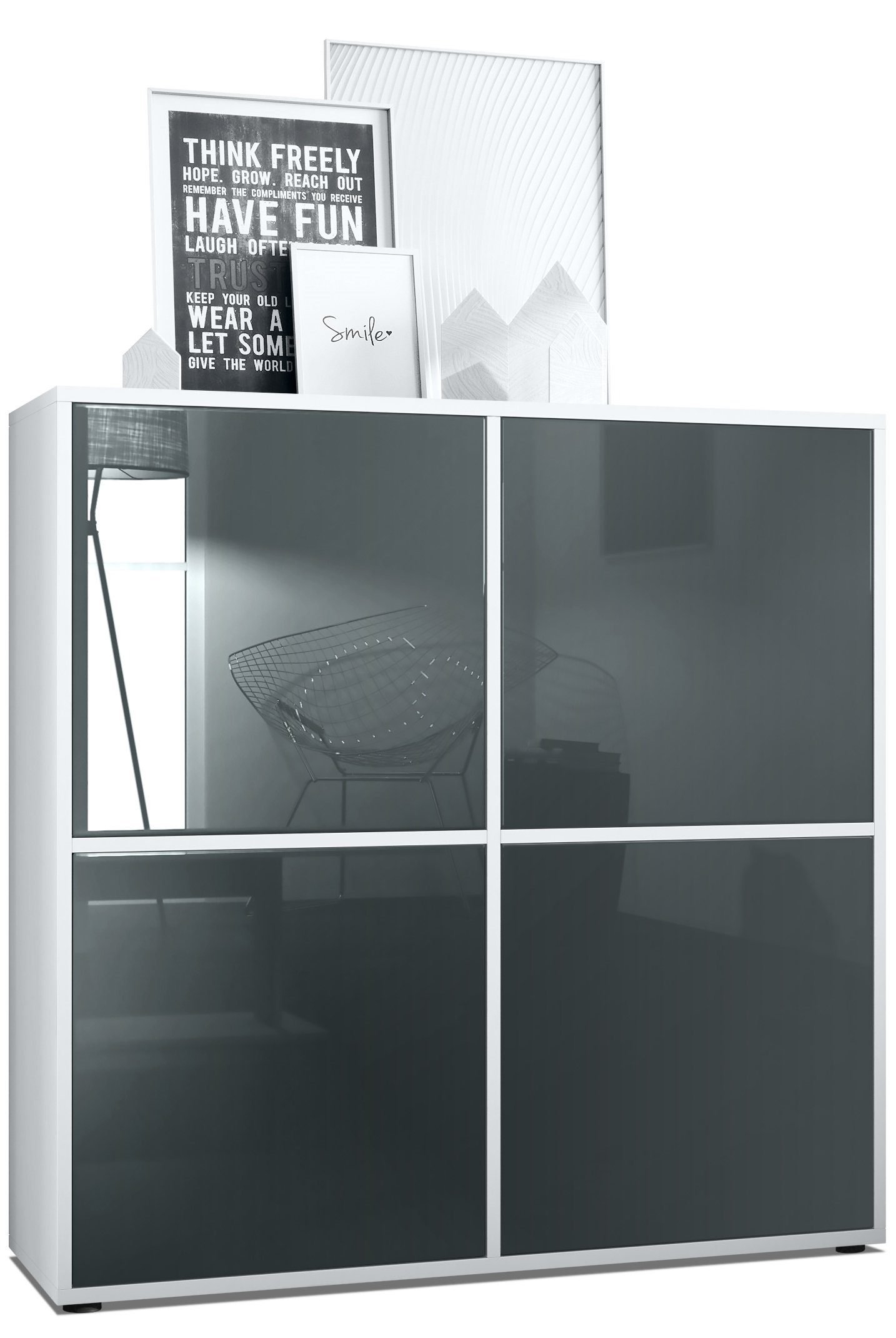 Vladon Highboard Cuba V2 (Schrank, 104 x 105,5 x 35,5 cm Sideboard mit 8 Fächern), Korpus in Weiß matt / Fronten in Grau Hochglanz