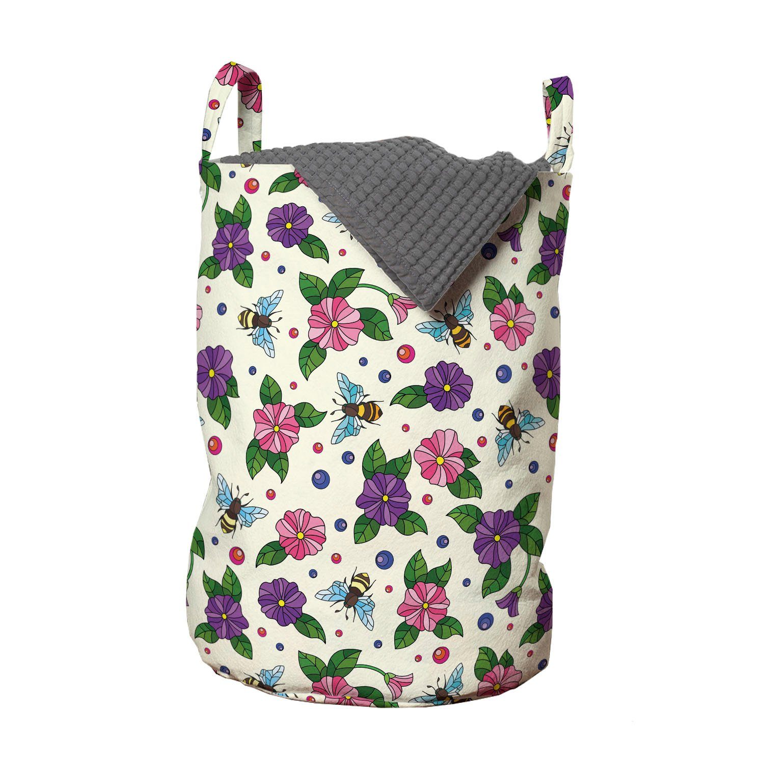 Abakuhaus Wäschesäckchen Wäschekorb mit Griffen Kordelzugverschluss für Waschsalons, Natur Bienen und bunte Blumen