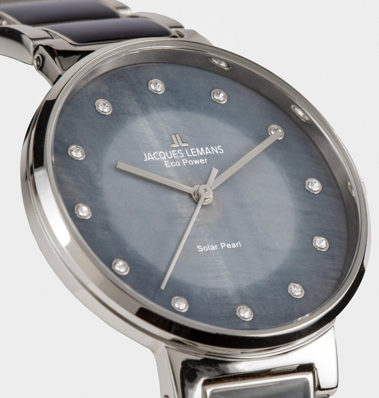 Jacques Lemans Solaruhr Eco Power Solar Pearl 1-2108A, Armbanduhr, Damenuhr, Perlmutt-Zifferblatt, Swarovski-Kristalle