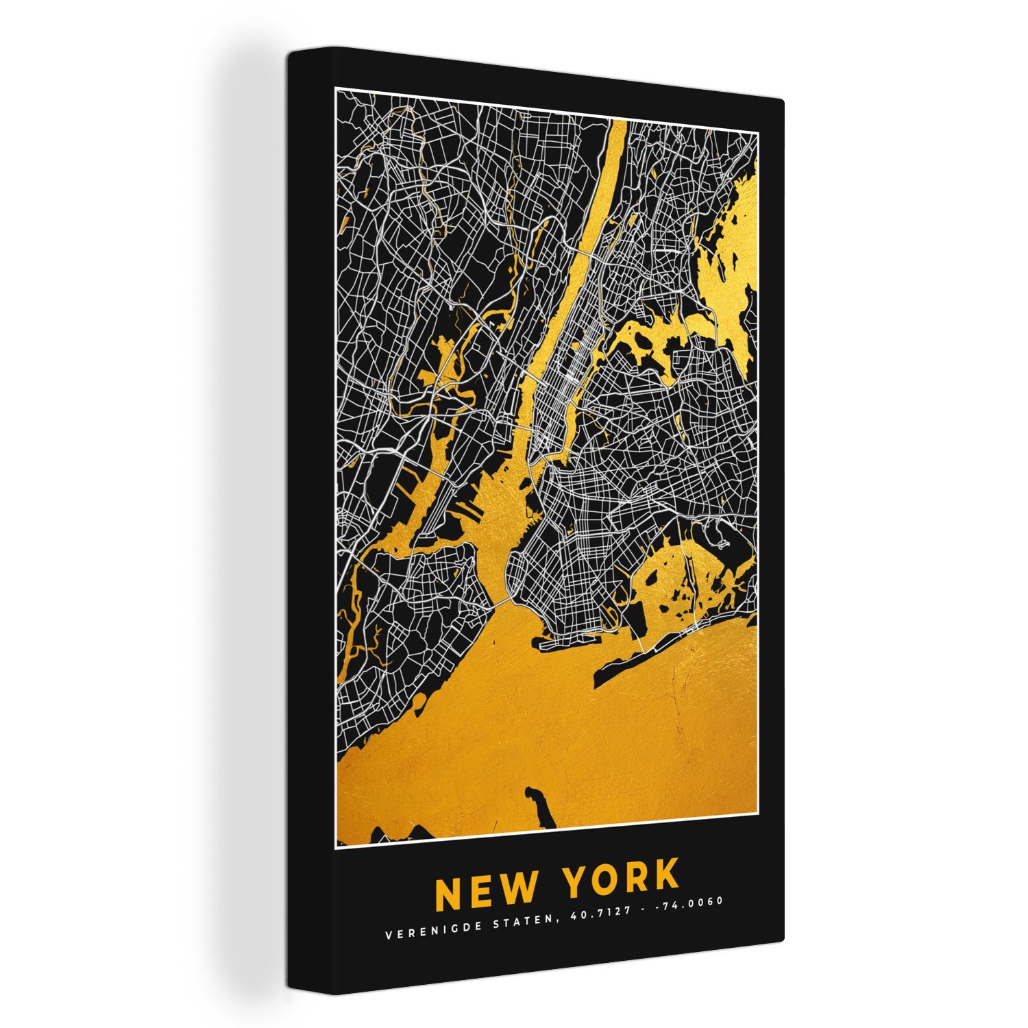 OneMillionCanvasses® Leinwandbild New York - Stadtplan - Gold - Karte, (1 St), Leinwandbild fertig bespannt inkl. Zackenaufhänger, Gemälde, 20x30 cm