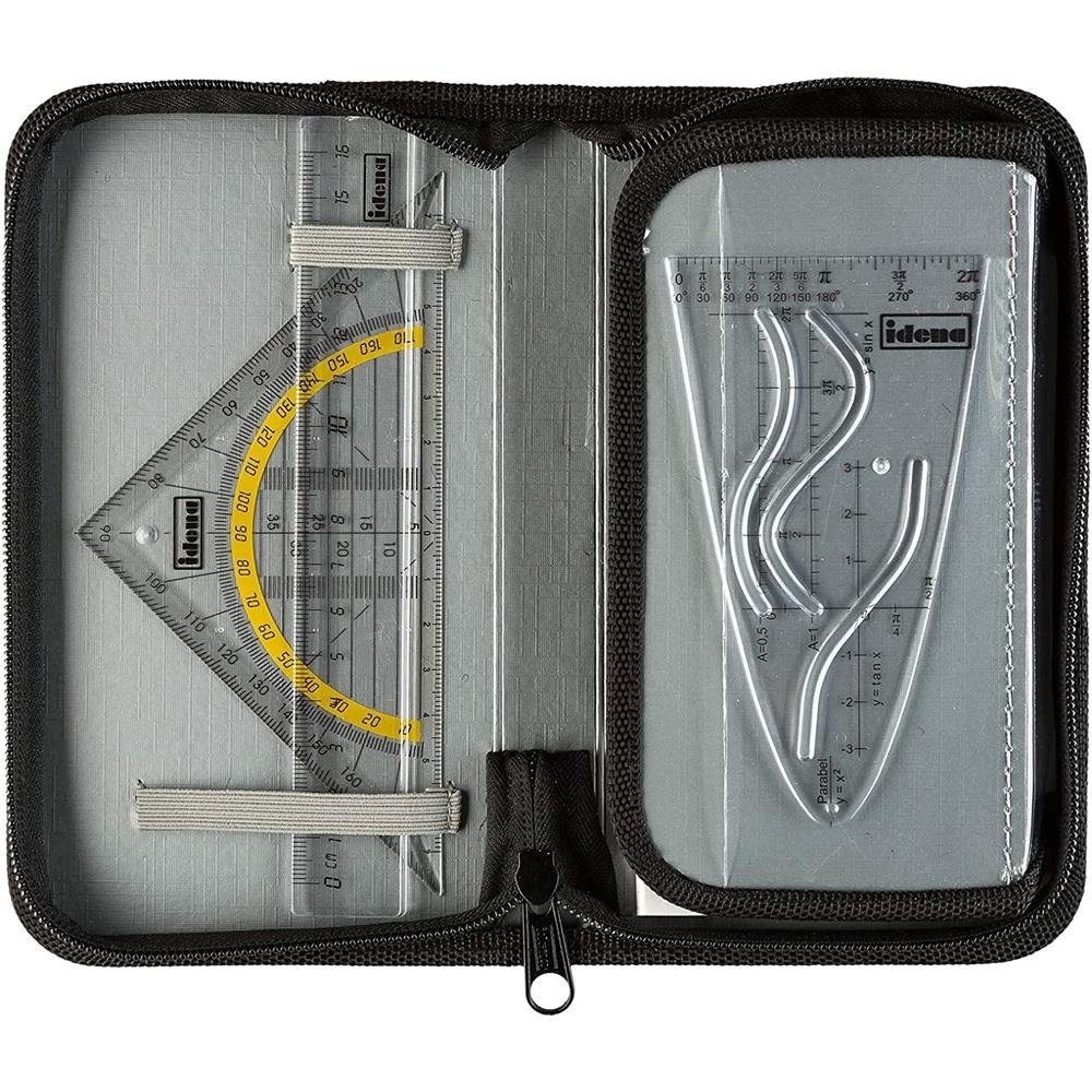 Idena Zirkel, Set im Etui, 11-teilig, mit Geodreieck, Ersatzminen, Druckbleistift