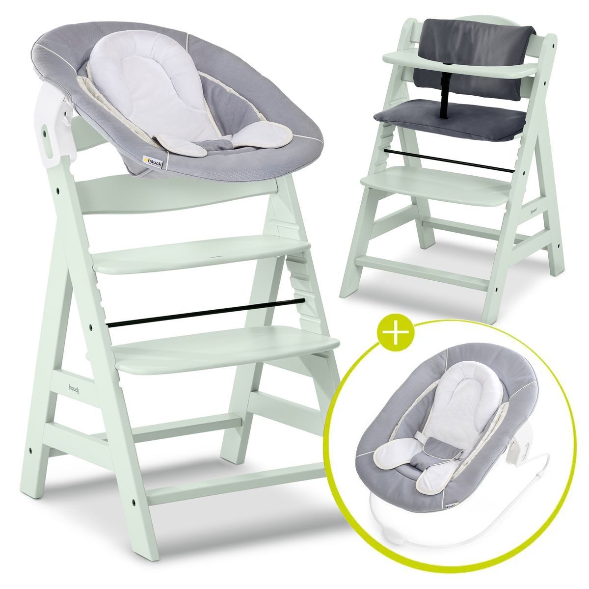 Hauck Hochstuhl Alpha Plus Mint - Newborn Set, Holz Babyhochstuhl ab Geburt inkl. Neugeborenenaufsatz & Sitzauflage