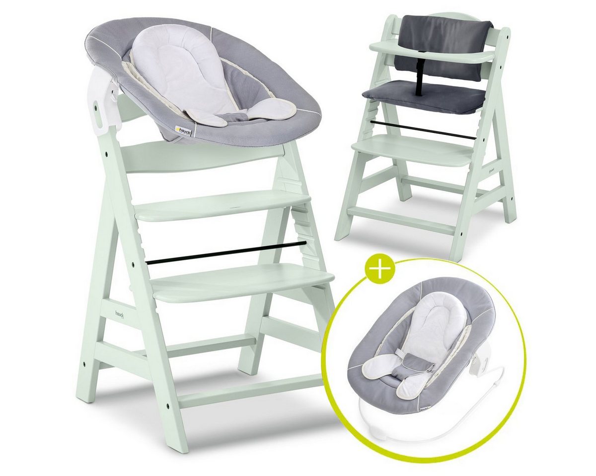 Hauck Hochstuhl Alpha Plus Mint - Newborn Set, Holz Babyhochstuhl ab Geburt inkl. Neugeborenenaufsatz & Sitzauflage