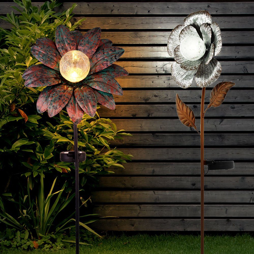 etc-shop LED Solarleuchte, LED-Leuchtmittel fest verbaut, Warmweiß, 2er Set  LED Solar Steck Leuchten Blumen Design Garten