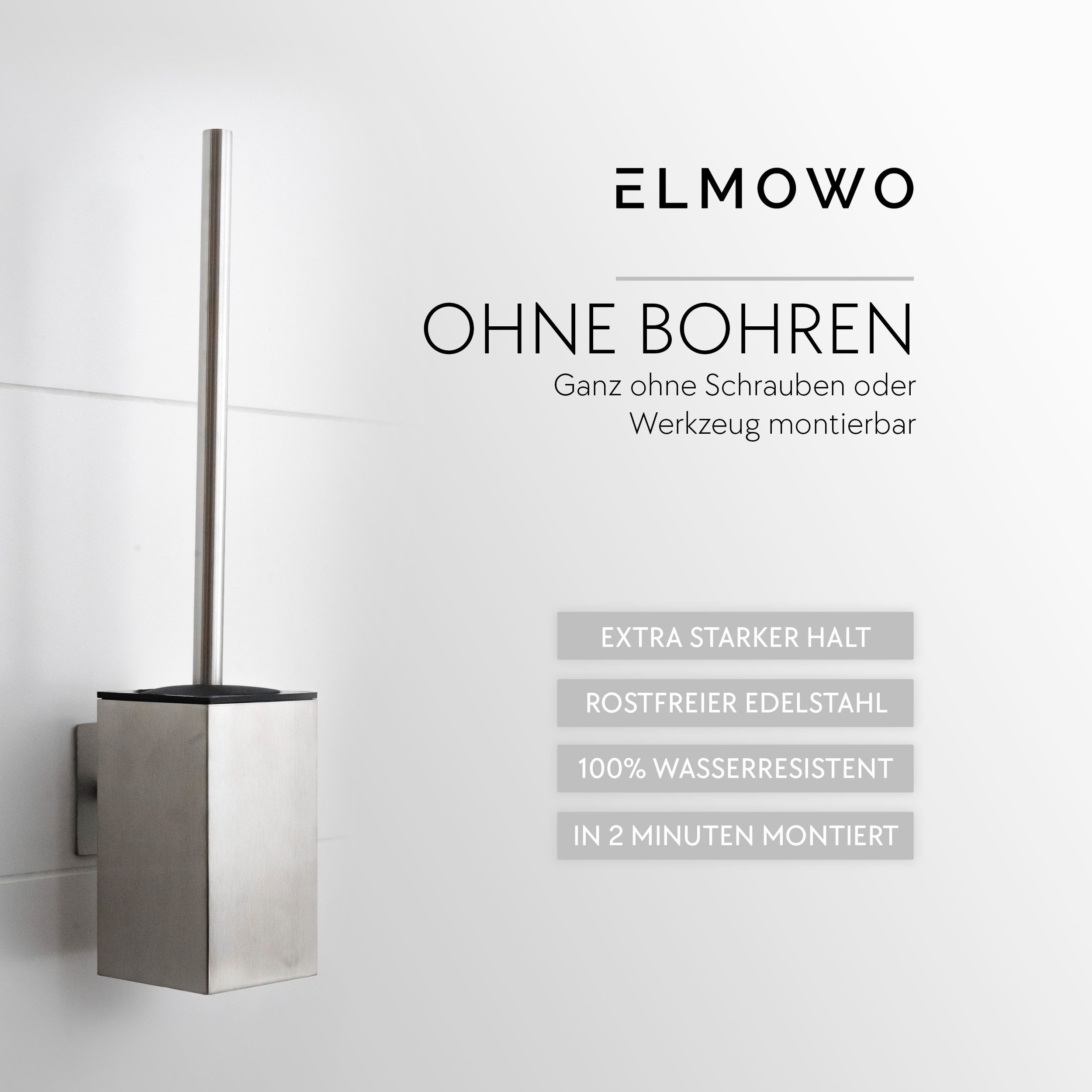 ELMOWO WC-Reinigungsbürste ohne Bohren aus Edelstahl - Toilettenbürste zur Wandmontage, Für alle glatten Oberflächen im Bad, (Komplett-Set, inkl. Ersatzbürsten-Kopf), Klobürste für das Badezimmer und Gäste-WC