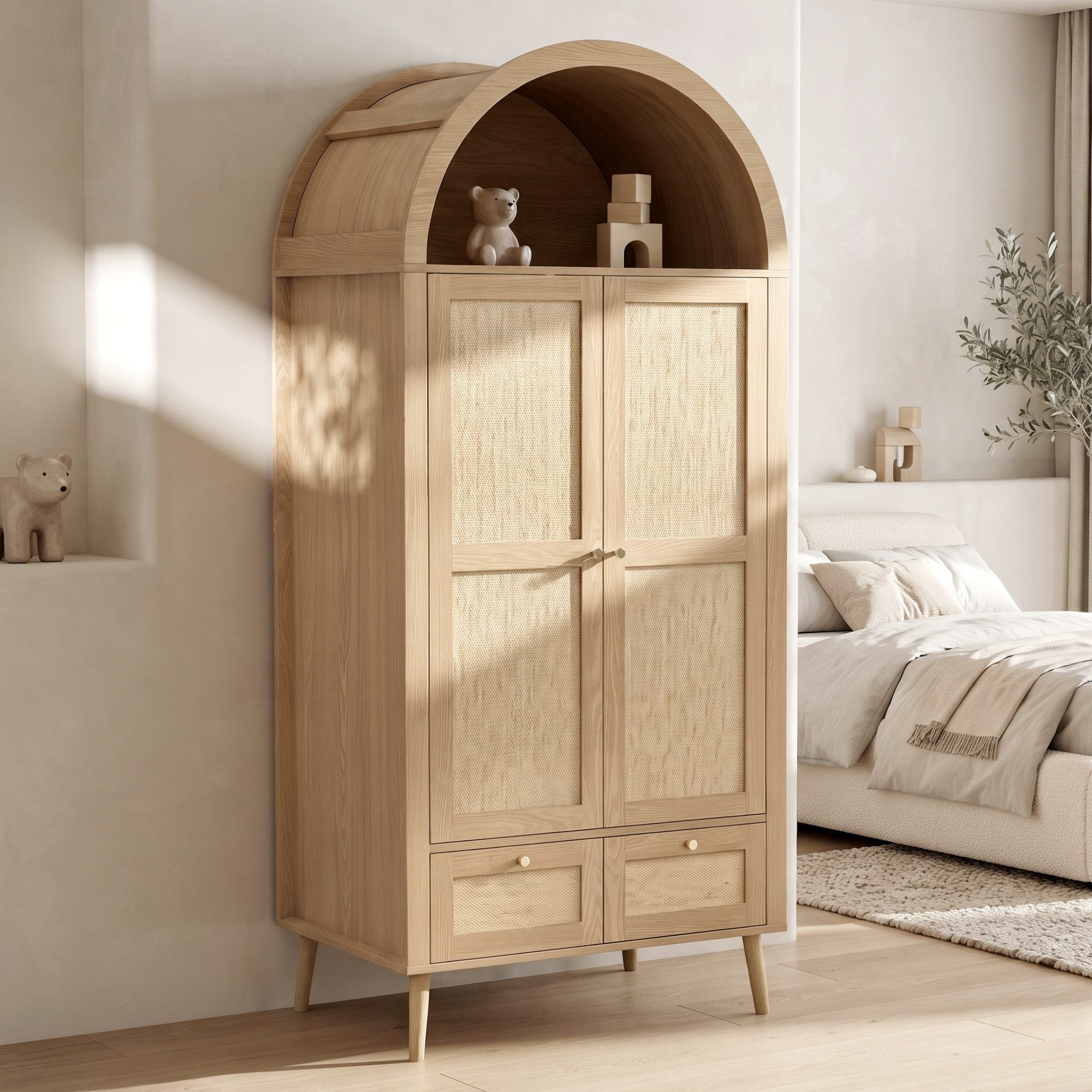 Odikalo Kleiderschrank mit Türen 2 Schubladen Rattanstruktur Kleiderstange und offener Ablage (180 cm hoch, Eichenholzmaserung kombiniert mit beiger Rattanstruktur, Bogenform)
