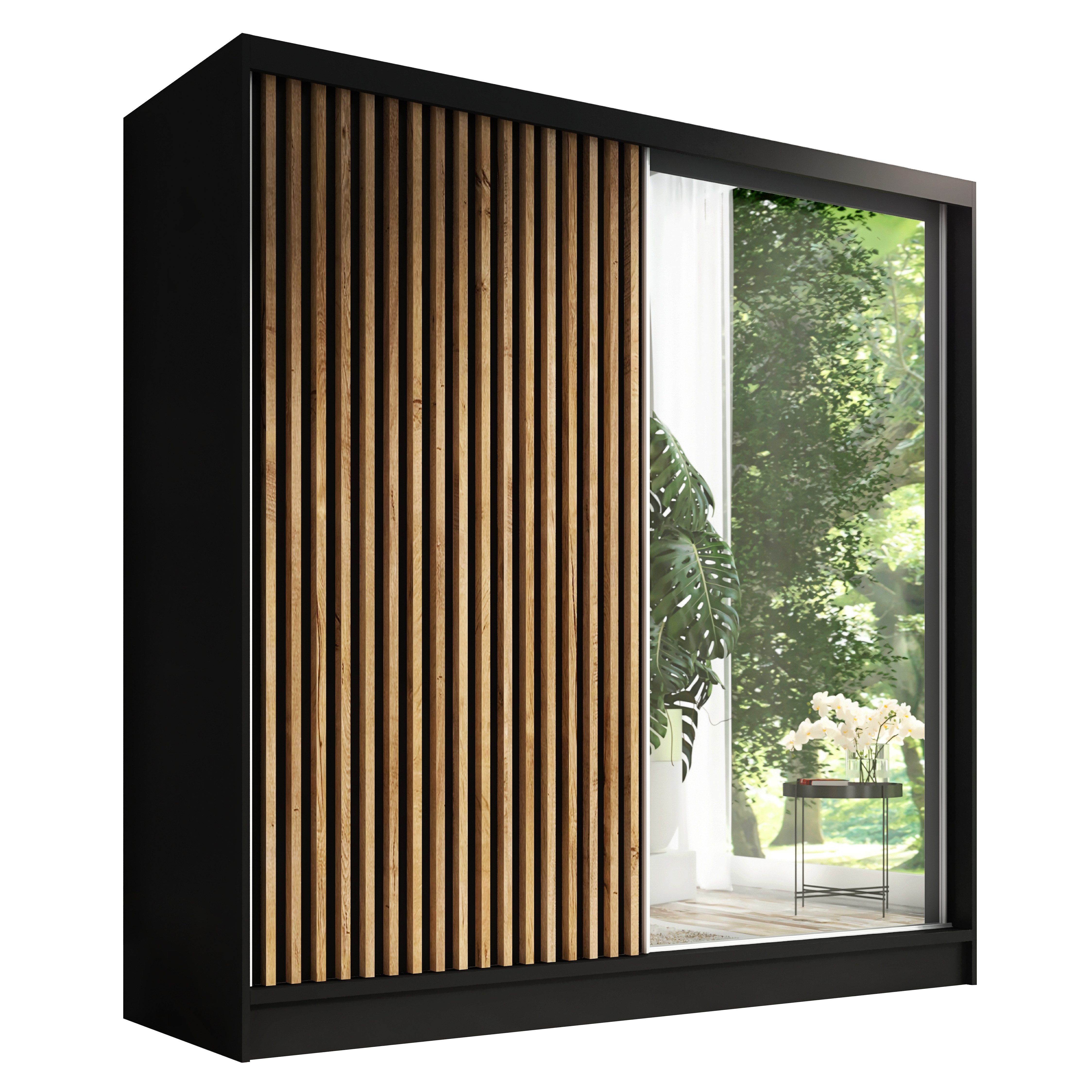 A&J MöbelLand GmbH Schiebetürenschrank LINA mit 3 Schubladen, 3D-Lamellen und Spiegel (TOP ANGEBOT! Geräumiger Schrank mit einer Breite von 200 cm und Spiegel, ideal zur Aufbewahrung von Kleidung und Accessoires. 3 Schubladen und viel Stauraum. TOP PRODUKT! Wählen Sie das ideale Modell für Ihr Schlafzimmer!, Inclusive 3 Schubladen) Breite: 200 cm, Höhe: 215 cm, Tiefe: 59,5 cm