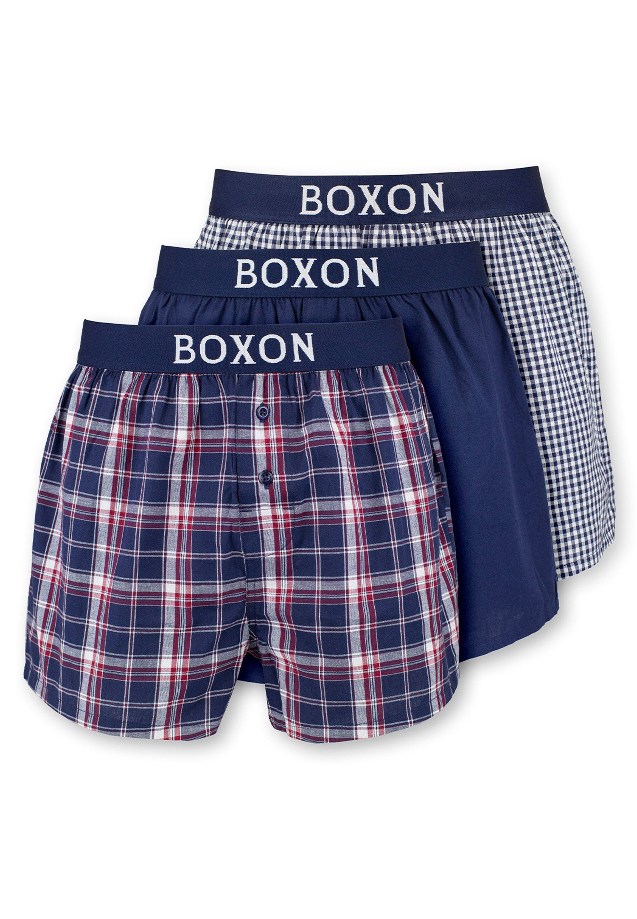 BOXON Boxershorts 3er Pack Web (Spar-Set, 3-St) Boxershorts - Baumwolle - Mit Eingriff - Softer Gummibund Blau
