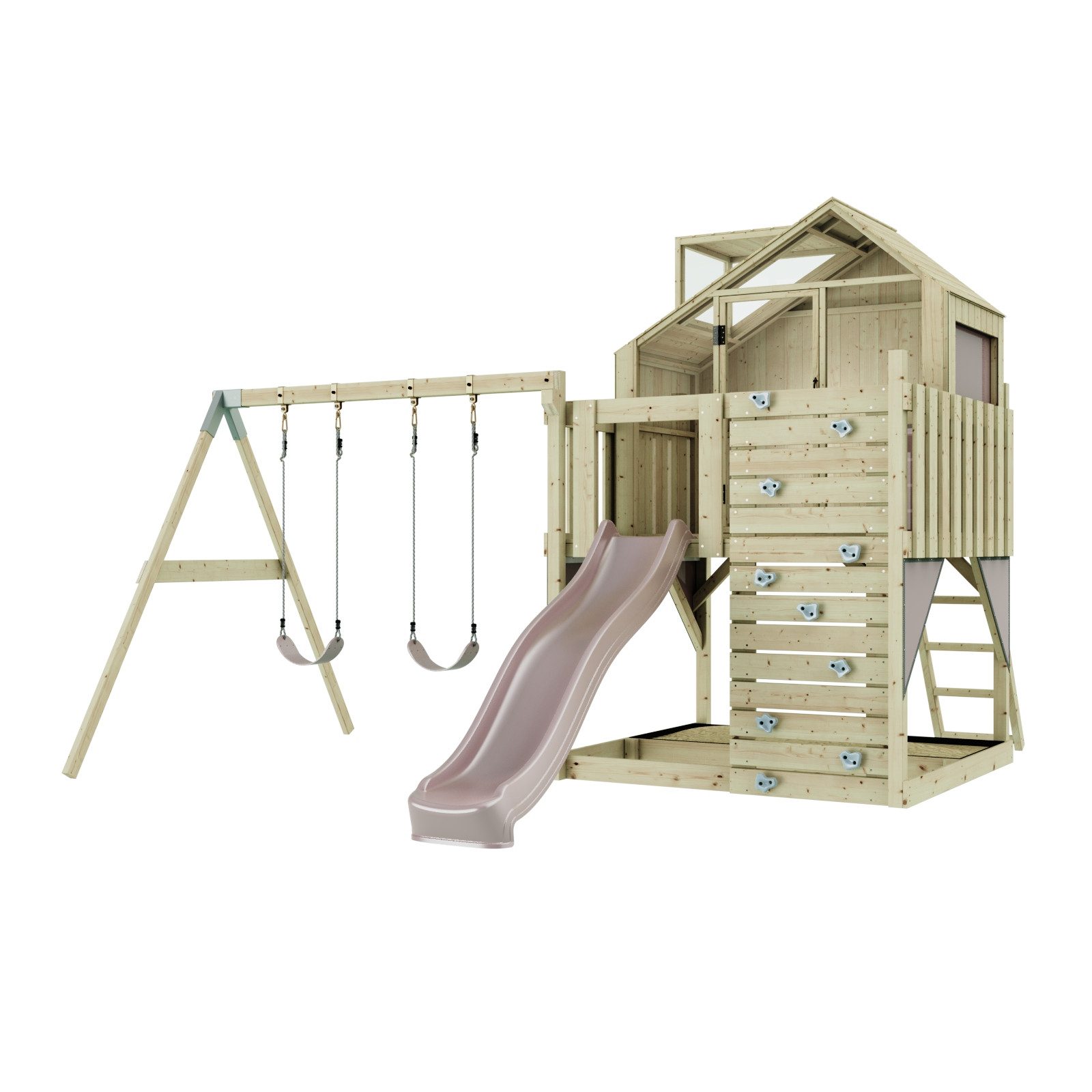 OutdoorToys Spielturm Lasse aus Holz in Altrosa mit Kinderschaukel & Rutsche, Kletterwand, aus Holz in Altrosa mit Kinderschaukel & Rutsche, Kletterwand