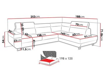 MIRJAN24 Ecksofa Fonti Cord, mit Schlaffunktion und Bettkasten, Ecksofa für Wohnzimmer, Einstellbare Kopfstützen