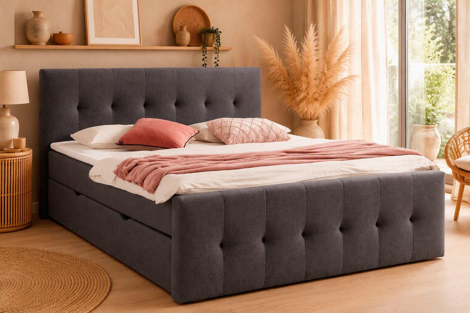 Home affaire Boxbett TESSAJA, Polsterbett mit Bettkasten, inkl. Taschenfederkernmatratze H3, mit Anti-Slip-Topper, Strukturstoff-Bezug, Liegefläche 180x200 cm