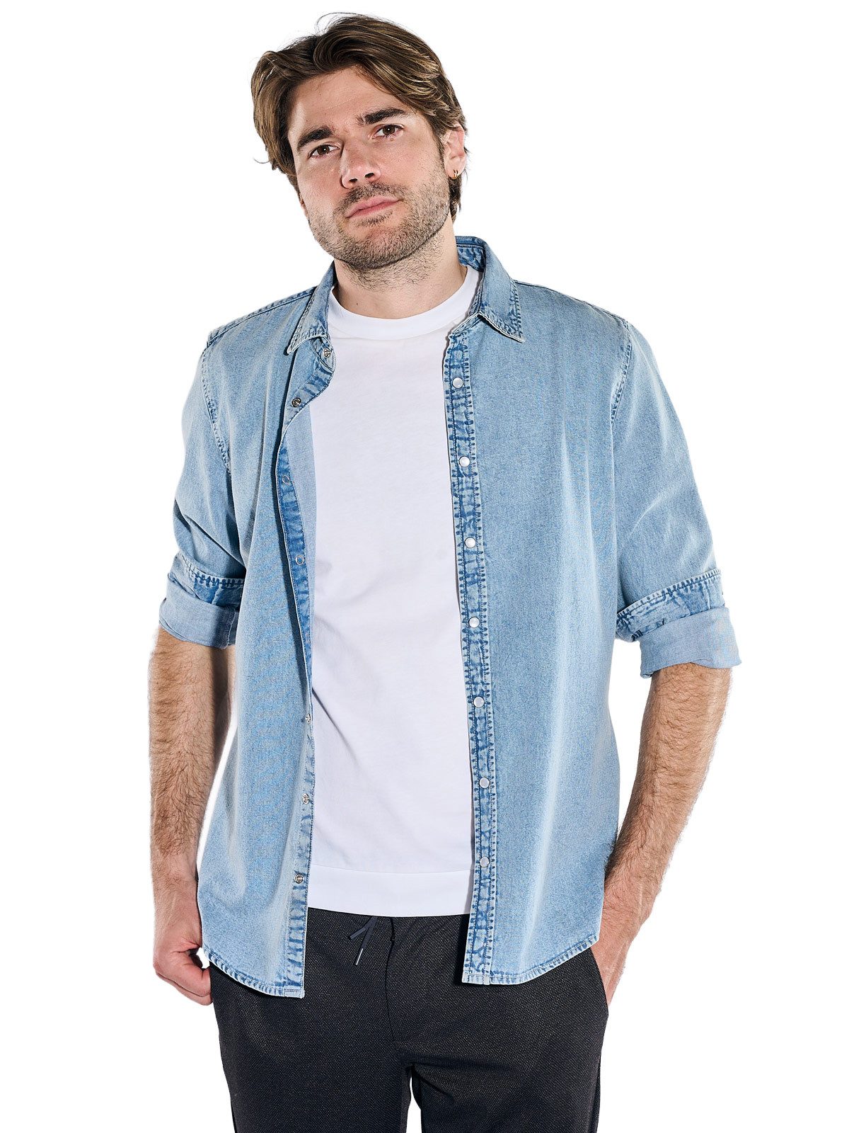 emilio adani Langarmhemd Herren Modisches Jeans-Hemd, Hellblau