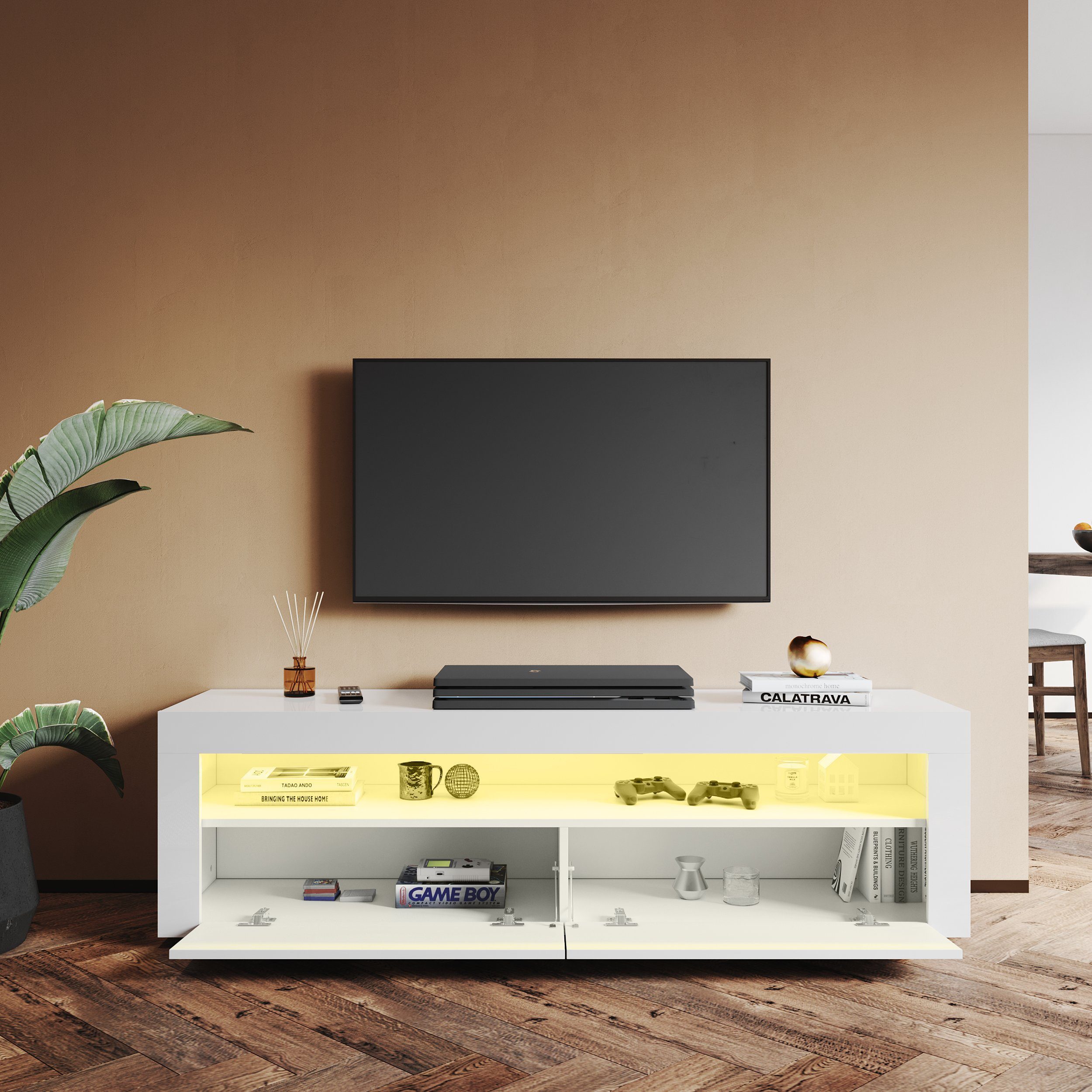 SONNI TV-Schrank TV-Schränke mit LED Beleuchtung Weiß/schwarz 120/160/180 cm Dicke: 15 cm Brett TV Lowboard