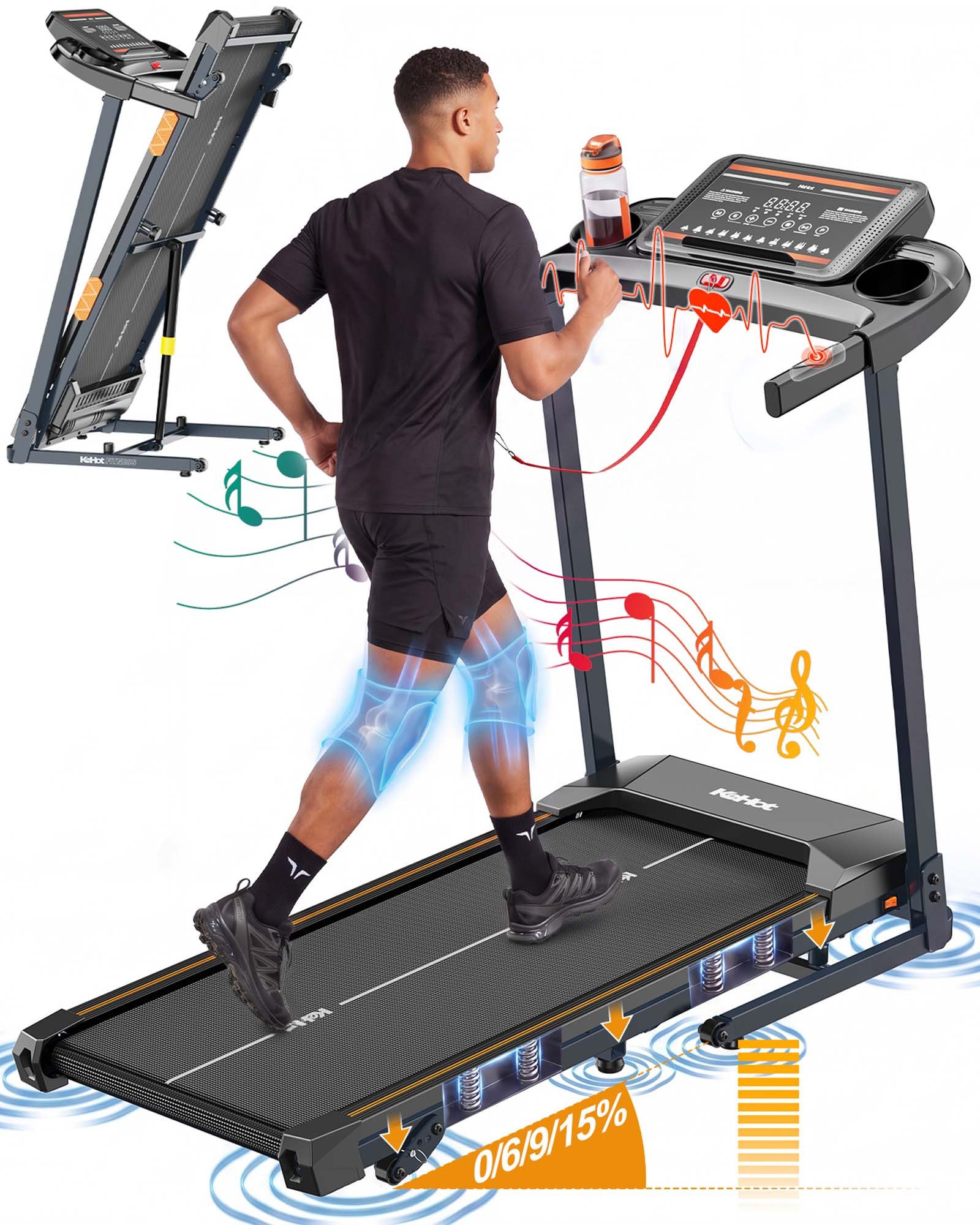 kehot Laufband Laufband mit 3-fach Steigung und 3 PS Motor bis 180 kg (6°/9°/15° manuell verstellbare Steigung für mehr Trainingsintensität, 1–12 km/h für Walking, Jogging und Lauftraining zuhause), Klappbar mit Gasdruckfeder, 12 Programmen und App-Anbindung