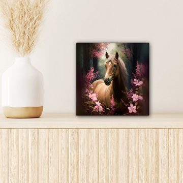 OneMillionCanvasses® Leinwandbild Pferd - Blumen - Rosa - Natur - Wald, (1 St), Leinwand Bilder für Wohnzimmer Schlafzimmer, 20x20 cm