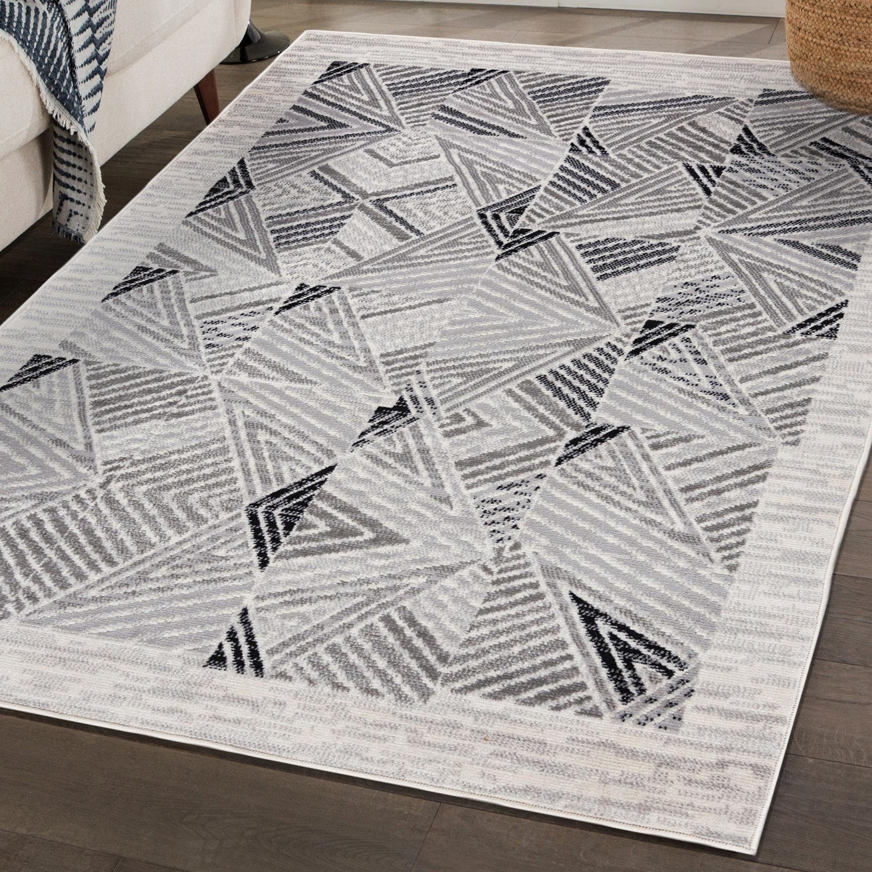 Designteppich Modern Teppich Geometrisch Creme Grau - Weich, Pflegeleich, Mazovia, 80 x 150 cm, Geeignet für Fußbodenheizung, Höhe 7 mm, Kurzflor